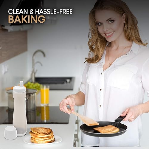 Miniatura 7 de EXULTIMATE - Dispensador de masa para hot cake, fácil de exprimir, botella sin líos para hornear a prueba de goteo, boquilla de silicón, marcador de