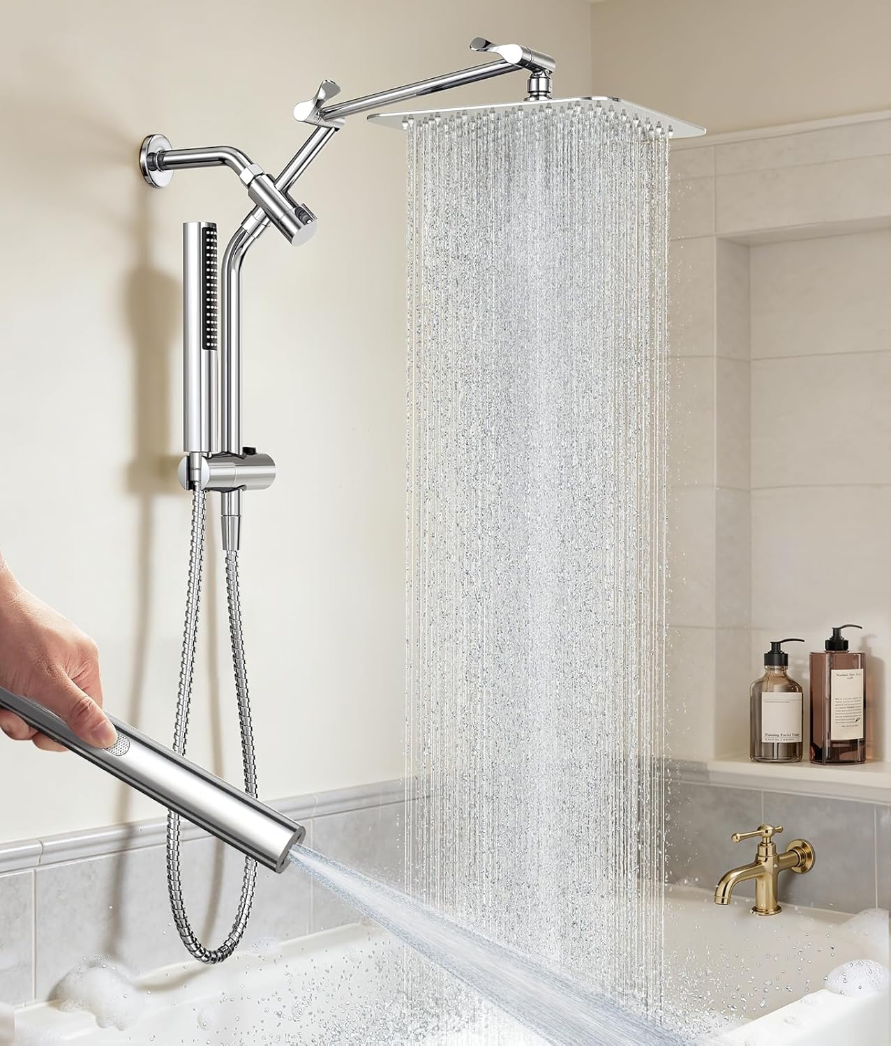 Veken 10" All-Metal High-Pressure Rainfall Shower Head with Handheld Combo, Extension Arm, Slide Bar & Power Jet - Chrome