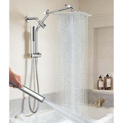Veken All Metal 10" Shower Head with Handheld, Luxurious Square High Pressure Double Rain Shower Heads with Spray Combo, Dual Detachable Rainfall Showerhead with Extension Arm, Long Hose,Chrome,Sliver