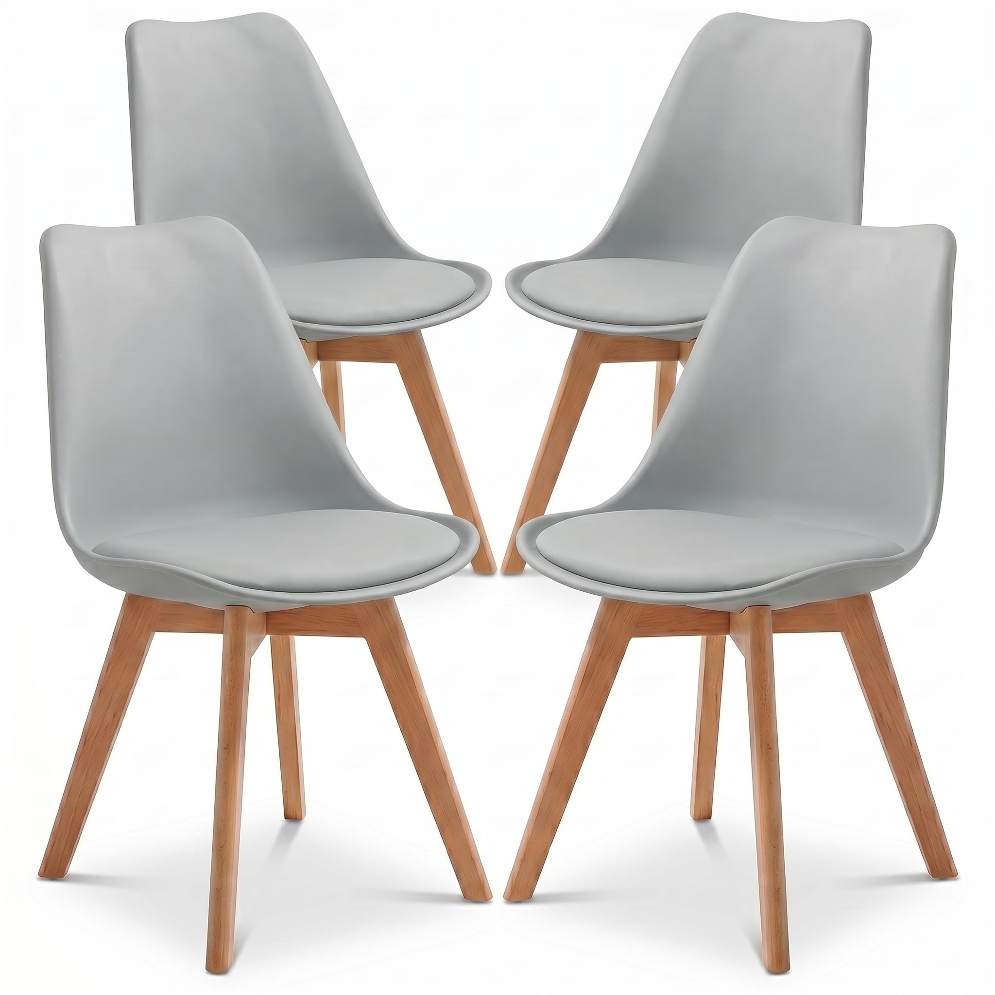 Bravich Set Of 4 Rocco Dining Chairs- Silver. Faux Leather Upholstered Dining Chair With Natural Wooden Legs, Cushion Pad Seat & Back Support For Kitchen Table- 42 x 42 x 81cm.