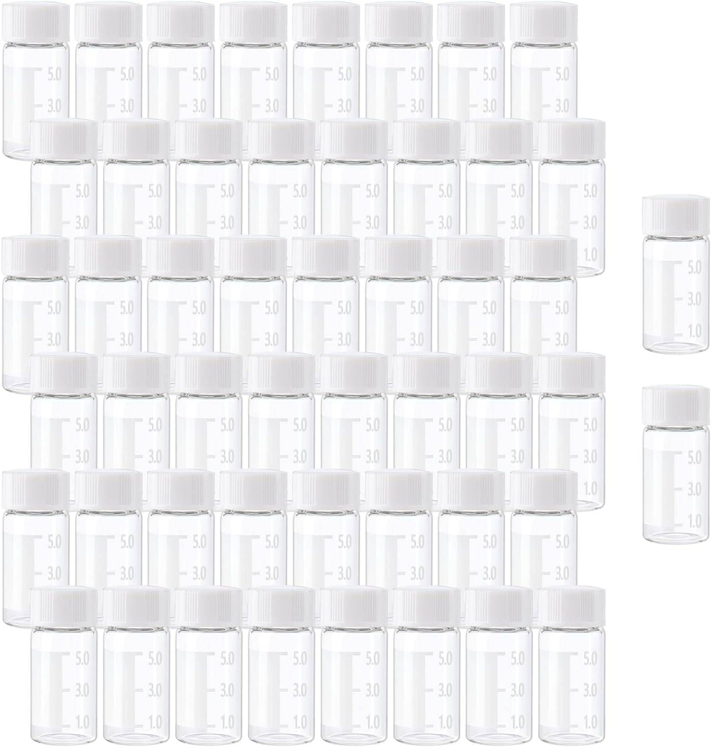 50PCS 5ml (0.17 Oz) Clear Liquid Sampling Sample with Scale and Write Patch White Screwcap Glass Bottles Vials for Chemistry Lab Chemicals