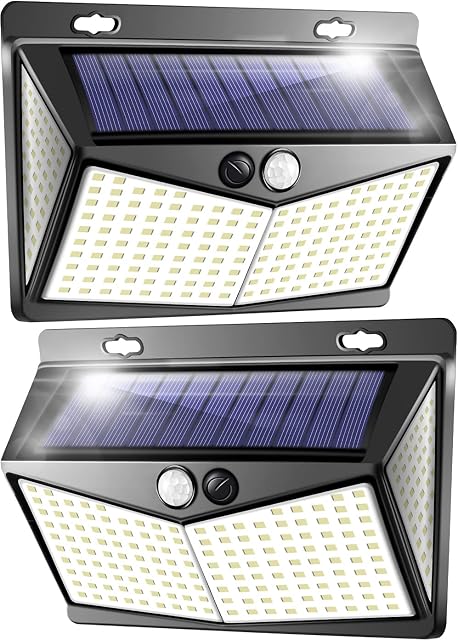 One Fire Solar Lights Outdoor Garden Light, 208 LED Solar Security Light Outdoor Motion Sensor IP65 Waterproof Super Bright Wide Angle Solar Wall Lights Outdoor Motion Sensor Lights Outdoor Pack of 2