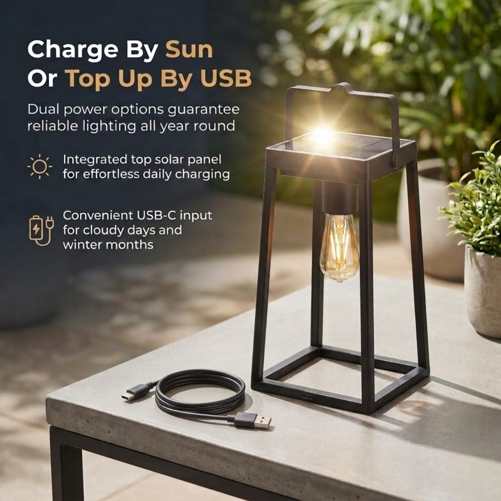 Auraglow Lanterna da Giardino Solare e USB con Lampadina Filamento Vintage | Lampada da tavolo senza fili, batteria 48 ore, opzione crepuscolare, alluminio nero opaco, bagliore LED retrò
