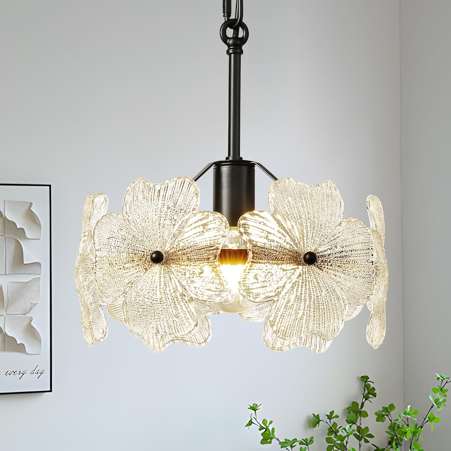 Modern Glass Pendant Lights Kitchen Island with Petals Shade, Black Pendant Light Fixtures Adjustable Hanging Light for Dining Room Hallway (E26 Base,1Pack)