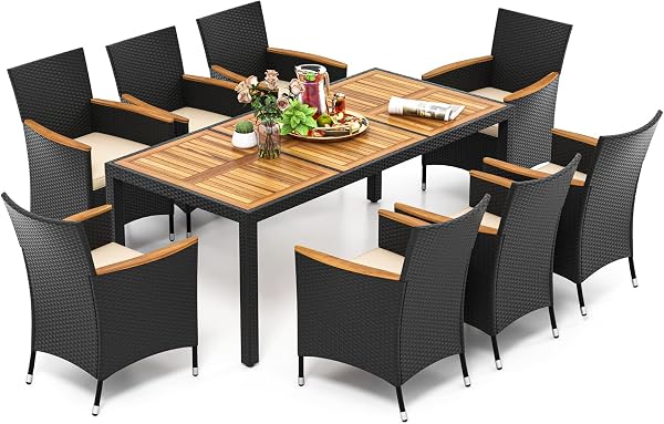 COSTWAY 9 TLG. Rattan Gartenmöbel Set, Sitzgruppe für 8 Personen, Gartentisch mit Tischplatte aus Akazienholz, 8 Stühle & Kissen, Terrassenmöbel Set, Gartengarnitur, Sitzgarnitur, Essgruppe - 1