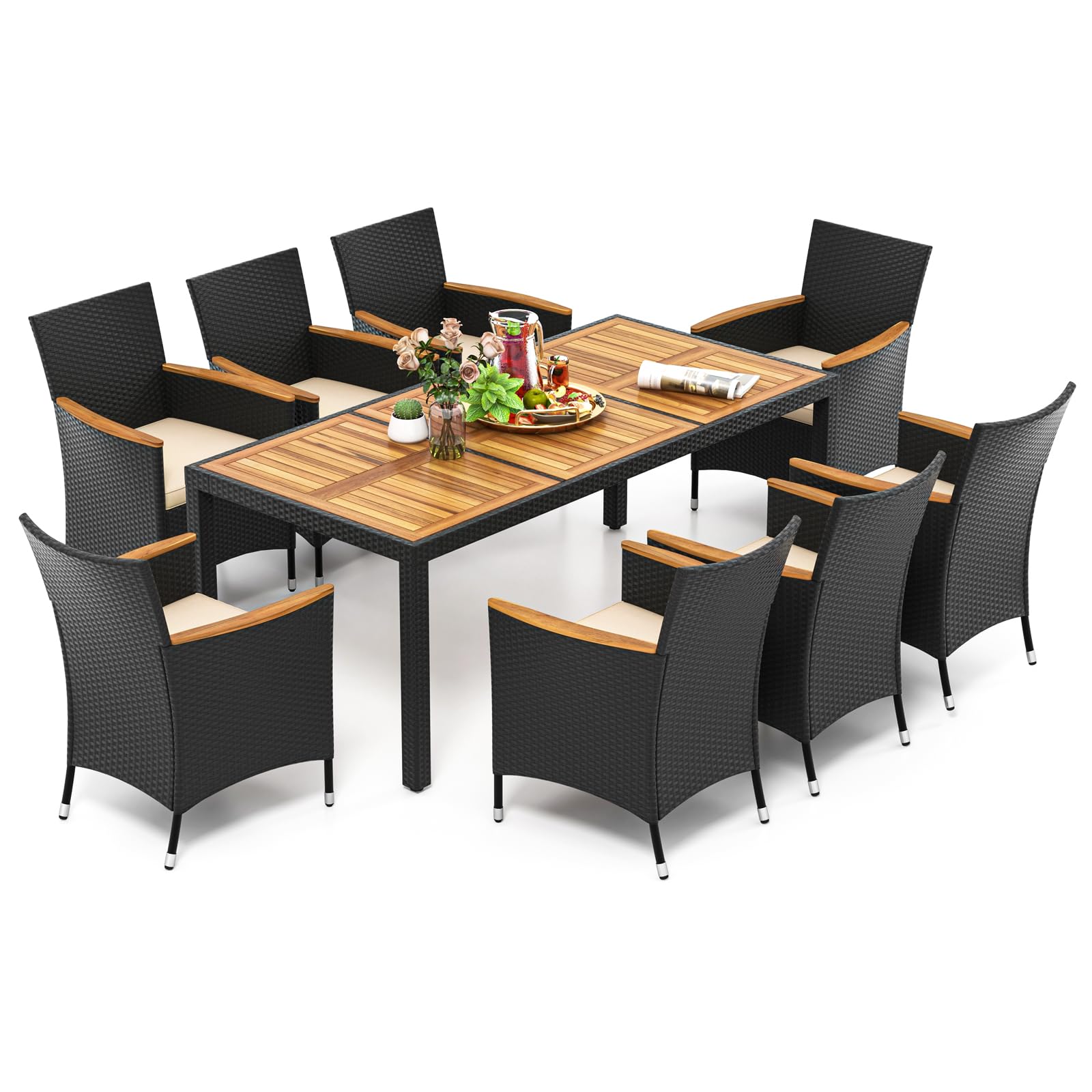 COSTWAY Salon de Jardin en Rotin 9 Pièces pour 8 Personnes Plateau de Table en Acacia, Ensemble de Salle à Manger de Patio avec Coussins Amovibles Trou pour Parasol, Chaise Charge 180KG, Noir+Beige