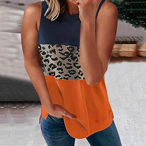 Miniatura 2 de Womens Tops Dressy Casual Tank Tops Leopard Printed Crewneck Loose Color Block Lightweight Summer Sleeveless Shirts