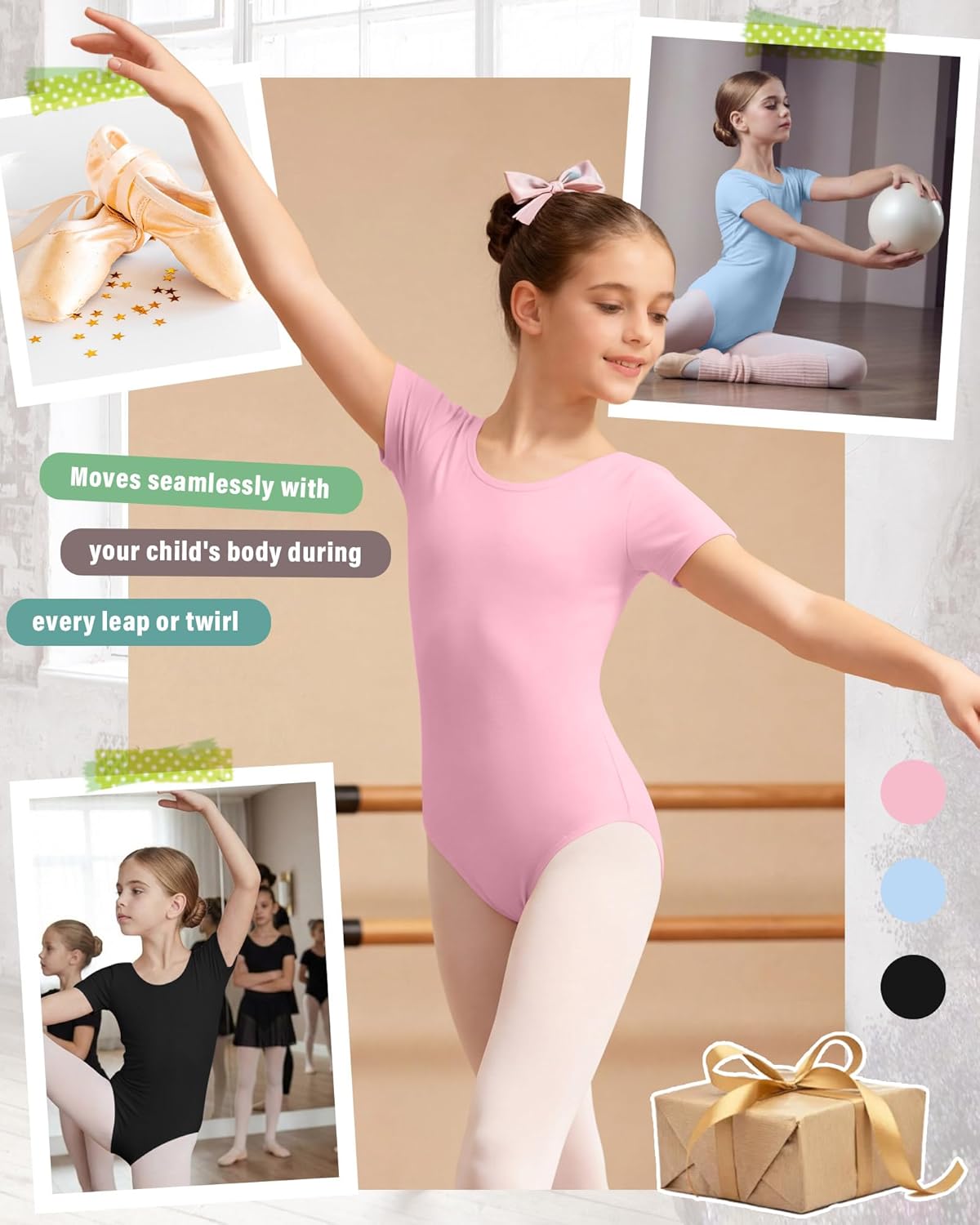 3 Pack Girls Ballet Leotard Short Sleeve Toddler Dance Leotard Dresses Kids Slim Gymnastics Outfits with Bow Back