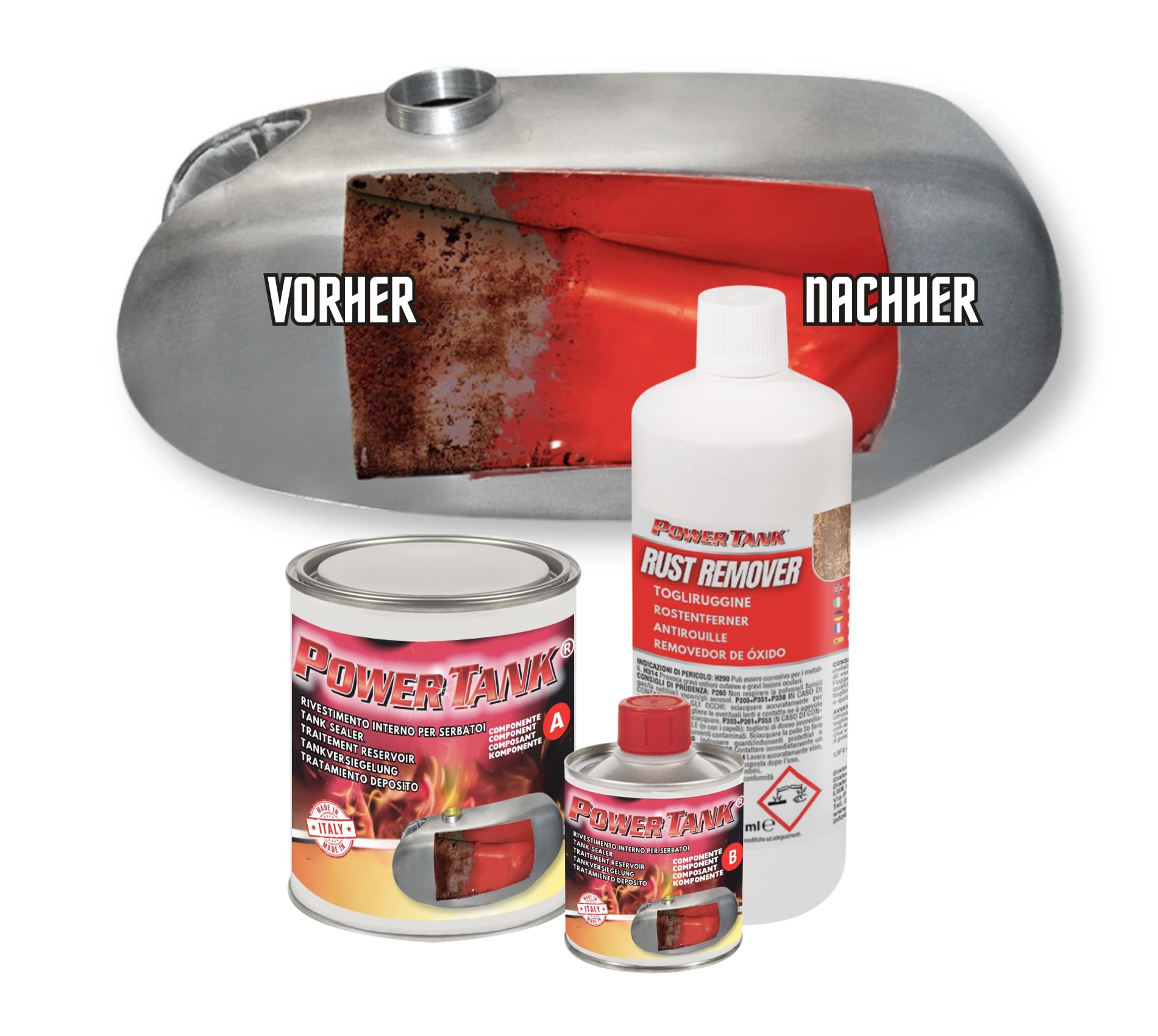 Power Tank - Tankversiegelung Motorrad 2k Rot 700 g Set Tankentroster Innen Versiegelung Tanksanierung Schutzemulsion Rost Tank Entrosten Und Versiegeln Tankinnenlack Tankbeschichtung Rostlöser Auto