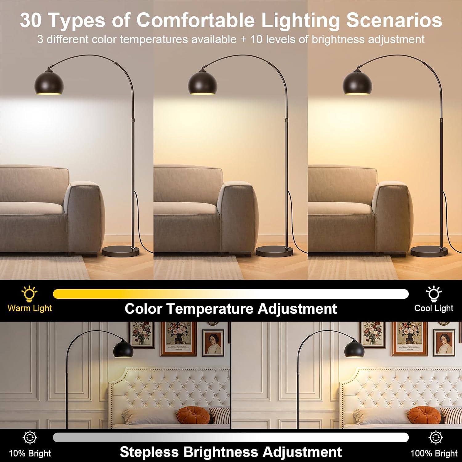 Matte Black Arc Floor Lamp 71" Tall, Dimmable 12W LED Smart Standing Lamp with Remote Control, 360° Rotatable Adjustable Height & Span, Reading Floor Lamp for Living Room, Bedroom, Office, Library