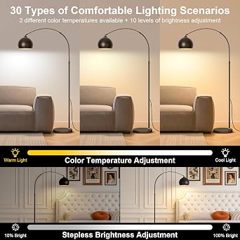 Black Minimalism Arc Floor Lamps with 12W LED Remote Dimming