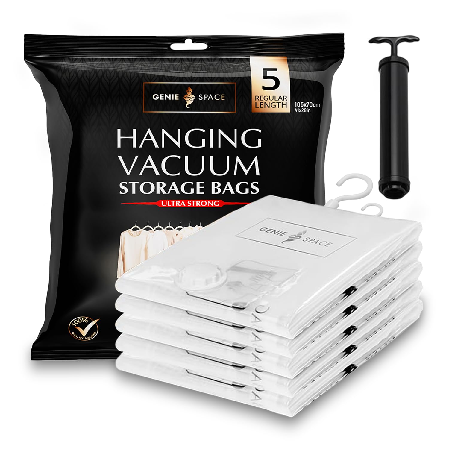 GENIE SPACE Premium Vakuumbeutel zum Aufhängen für Kleidung, Anzüge & Kleider – 5er Pack REGULAR (105×70 cm), Luftdicht, Geruchsdicht & Wiederverwendbar – Doppelt versiegelt, mit Handpumpe