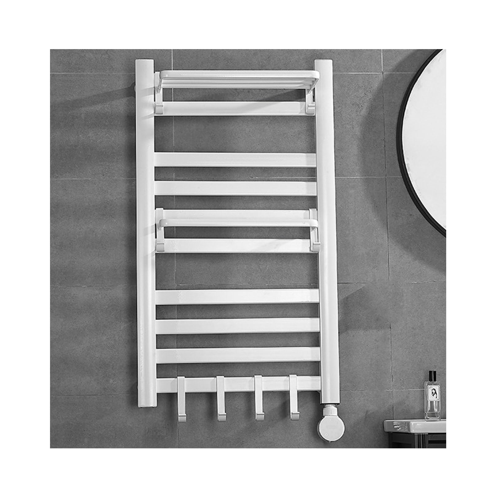 Toallero eléctrico blanco de aluminio con estante superior y control de temperatura