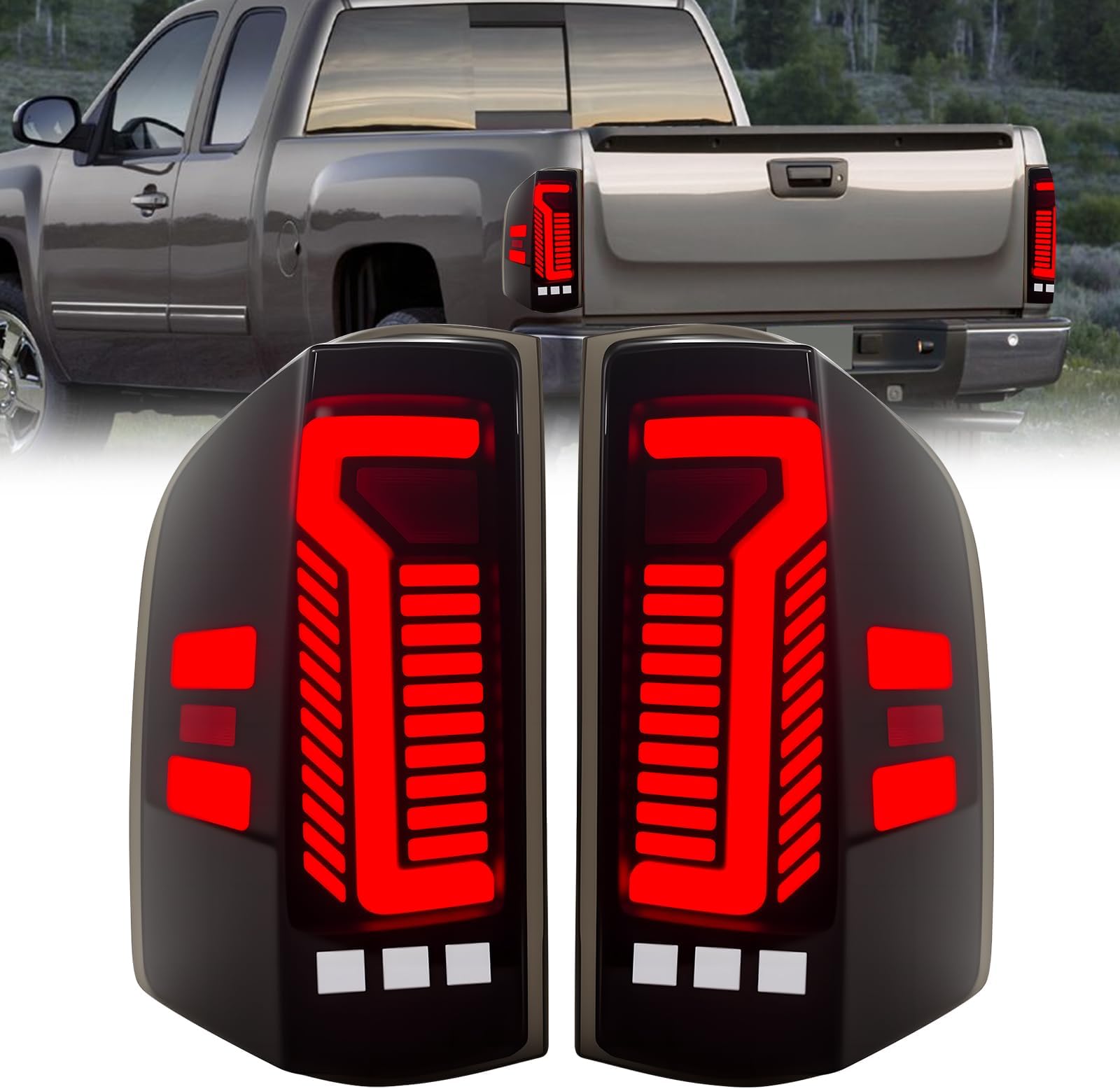 Sequential Full Led Tail Lights Compatible with 2007-2013 Chevy Silverado Rear Tail Lamps Assembly w/Running Lights Turn Signal Brake Lights Reverse Lights 1 Pair of Tail Lamps