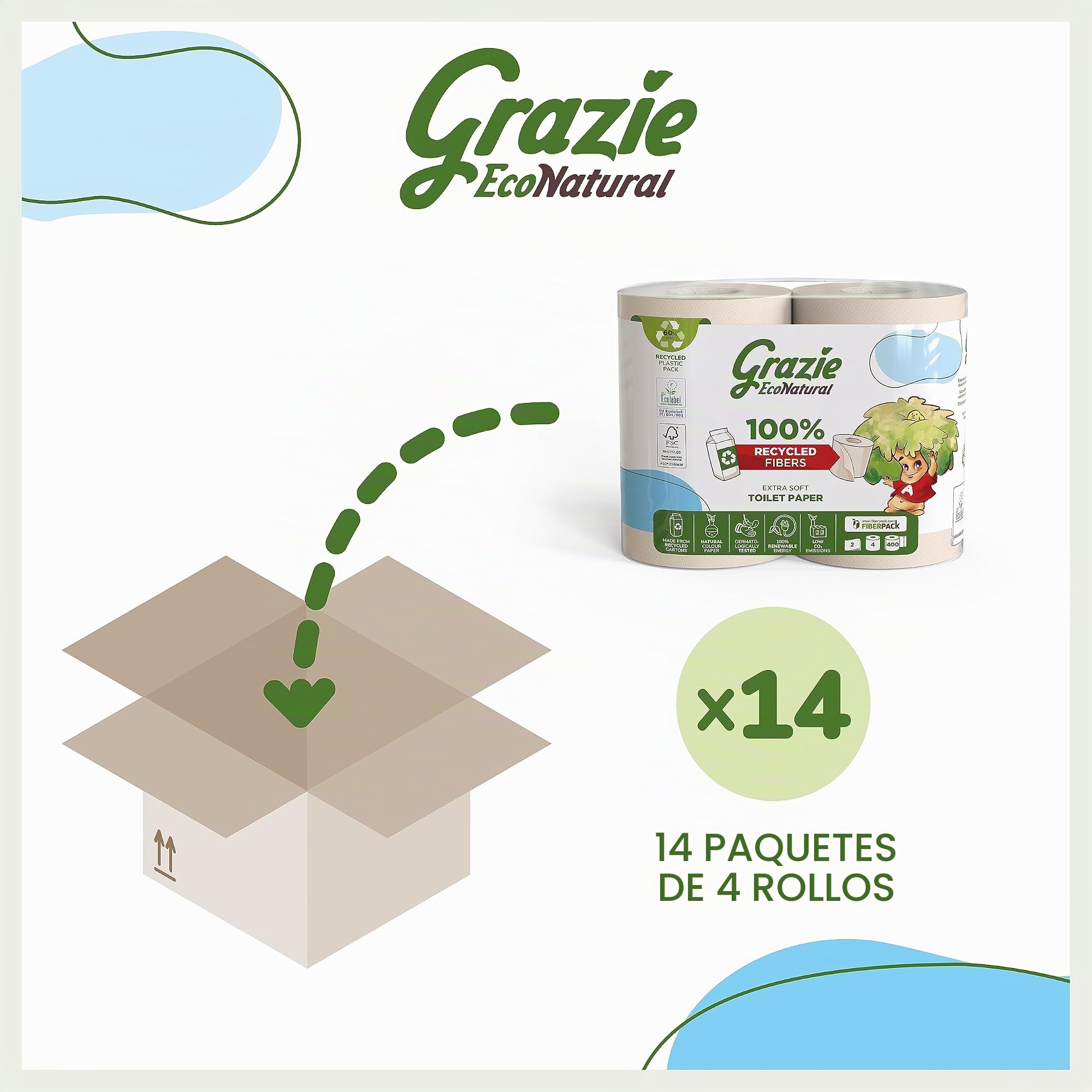 Grazie Natural, Papel Higiénico EcoNatural, 56 Rollos, Papel Higiénico Reciclado Fiberpack 100% Ecológico, Respeta el Medio Ambiente, Certificado Ecolabel y FSC Recycled, Made in Italy