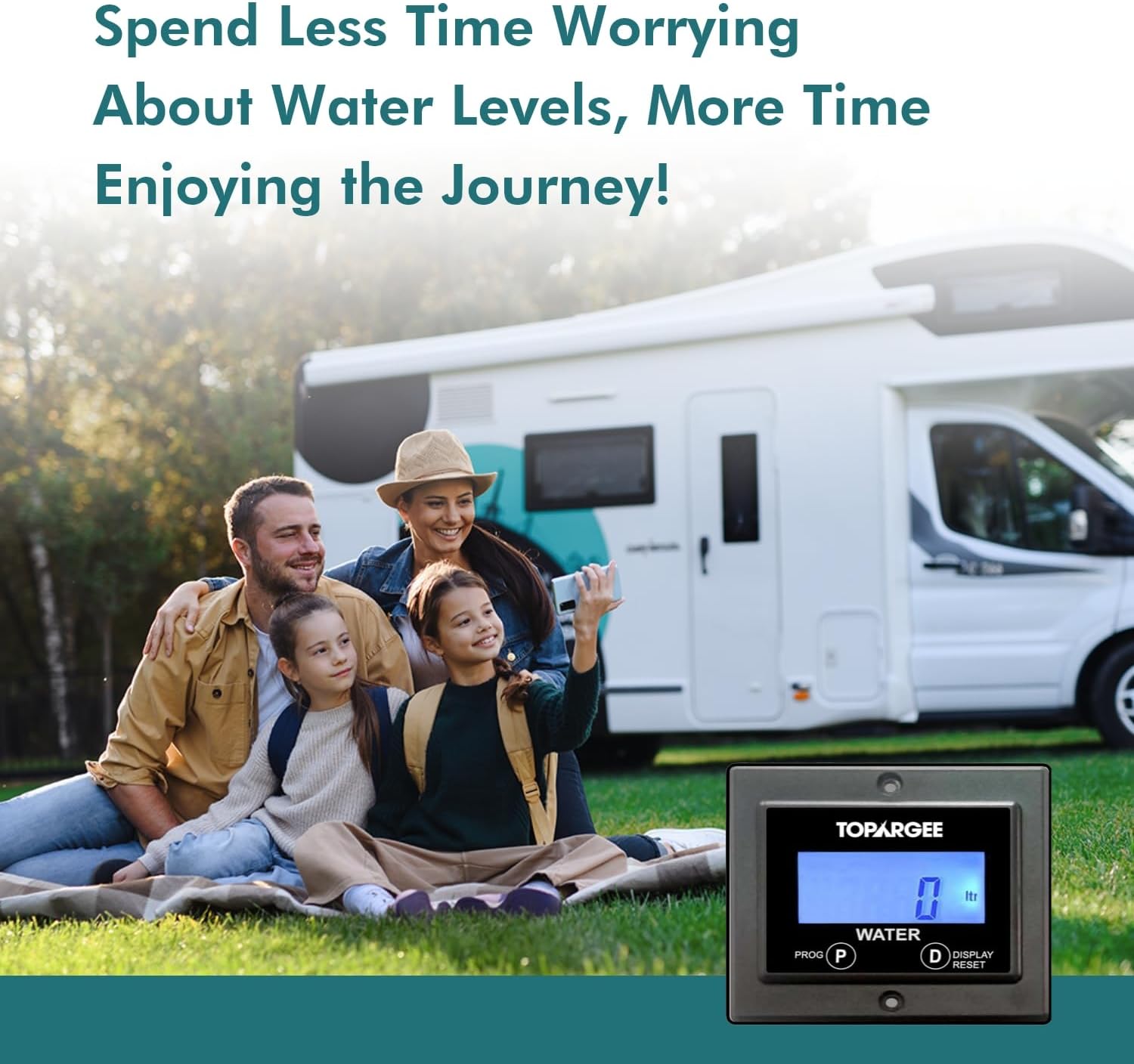 Topargee Flush Mount Water Tank Gauge - Real-Time RV, Caravan & Boat Accessory Water Level Monitor - Accurate Flow Meter (Liter/Gallon) - Backlit LCD Display - Easy Install, No Tank Insertion Required