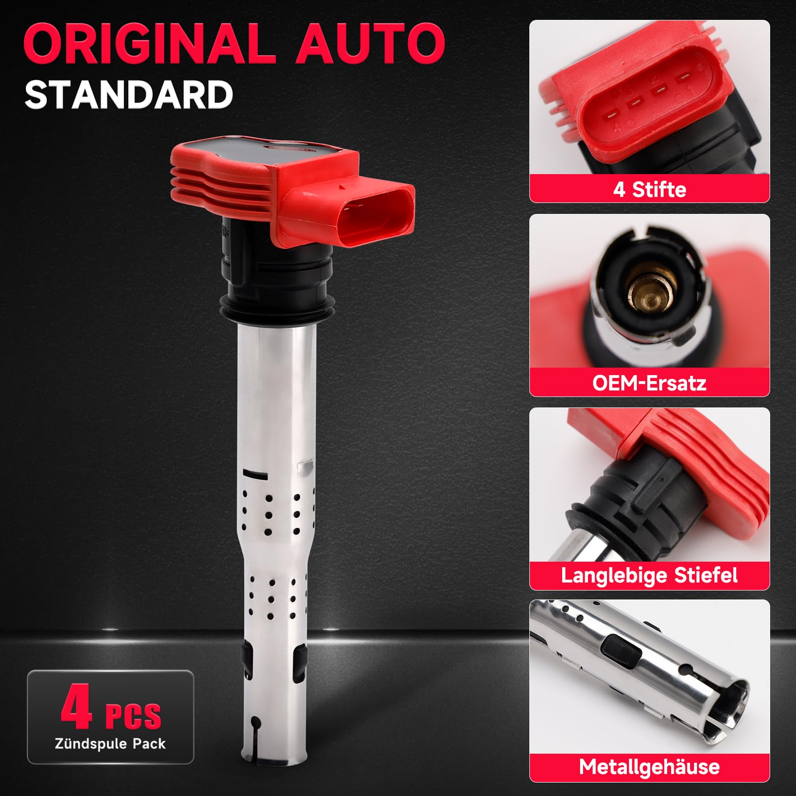 Topteng 4PC Bobine d'allumage 06E905115D, Kit de bobines 06E905115E, Rouge 1.8T 2.0T Module d'allumage, Fit pour Audi A3 A4 A5 A6 Q5 TT, Fit pour VW Golf Jetta Passat Touran, Fit pour Skoda Octavia