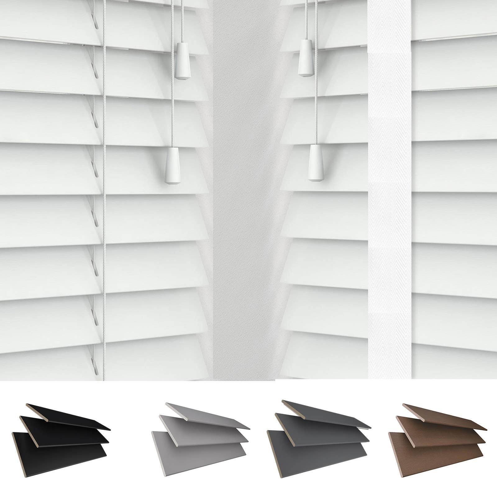 Real Wood Venetian Blinds 50mm Slats [90cm Width x 120cm Drop, White, String]