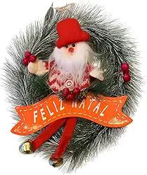 Guirlanda Natalina de Papai Noel, Feliz Natal, Decorativa com Sinos, Vermelho e Verde, Estilo Natal para Porta