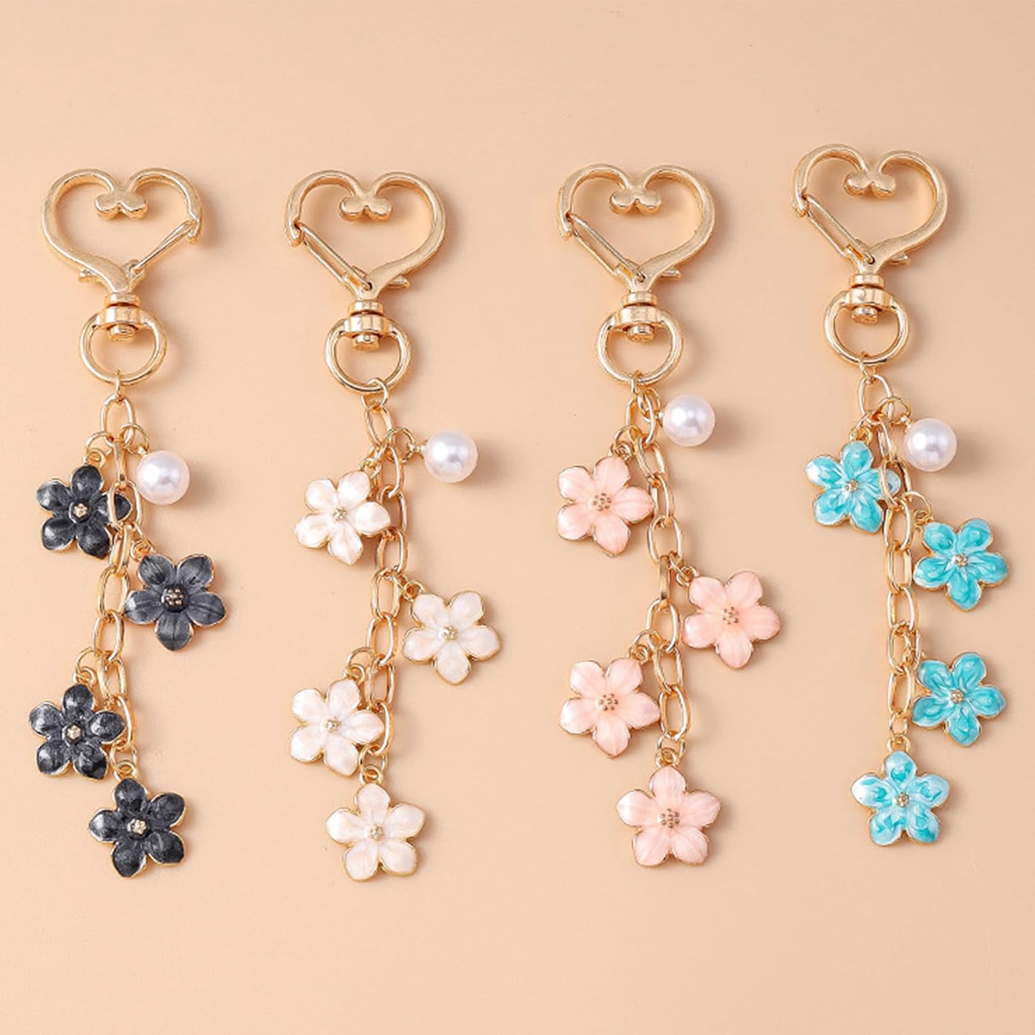 Cherry Blossom Keychain for Women, Flower Bag Charms with Pearl