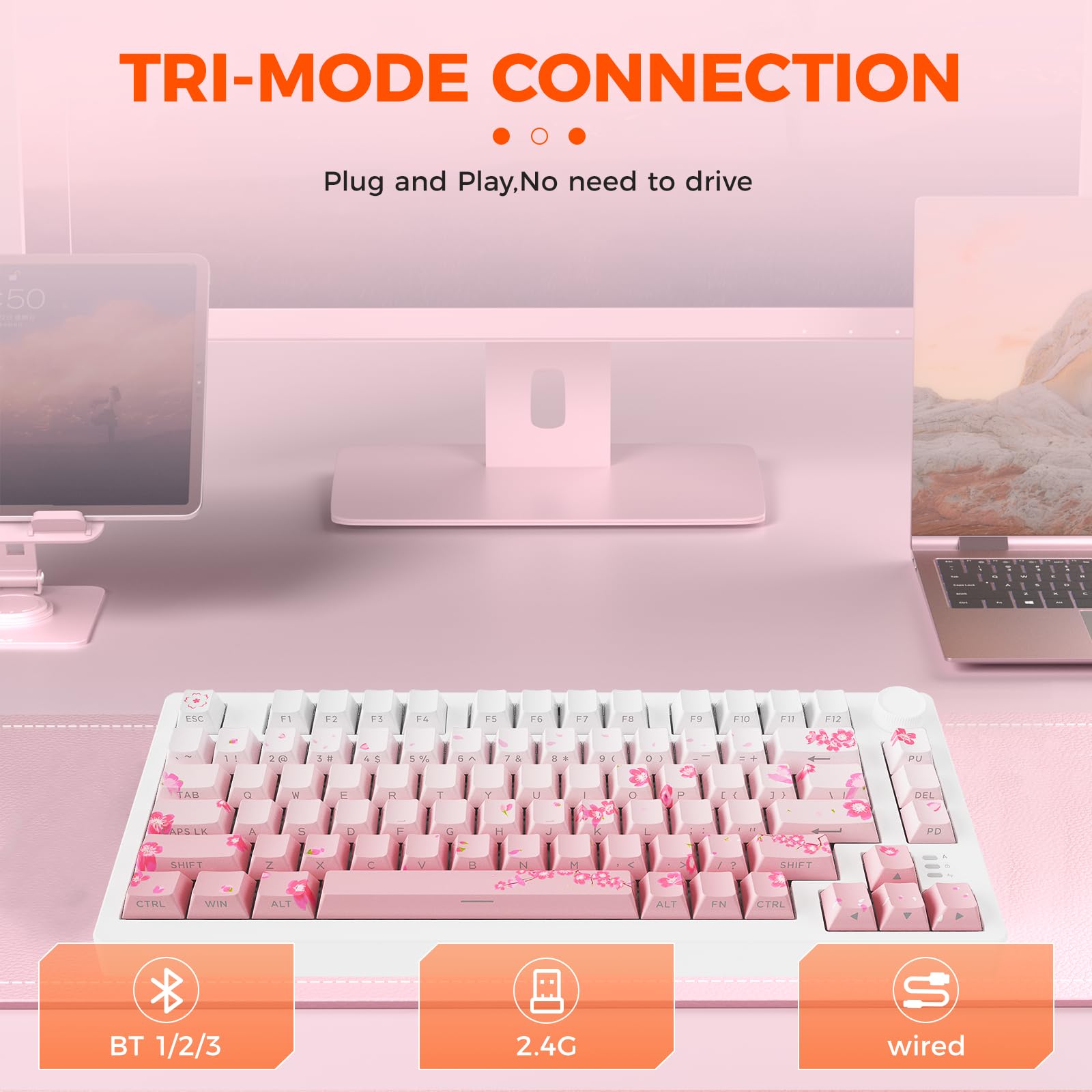 DAREU EK75PRO Sakura Pink Gaming Tastatur Kabellos, 75% RGB Hot Swap Mechanische Tastatur mit Knopf, 2.4Ghz/BT5.1/USB-C, Gasket Mount, Side-Engraved PBT Tastenkappen,Linear Cloud Switch,QWERTY