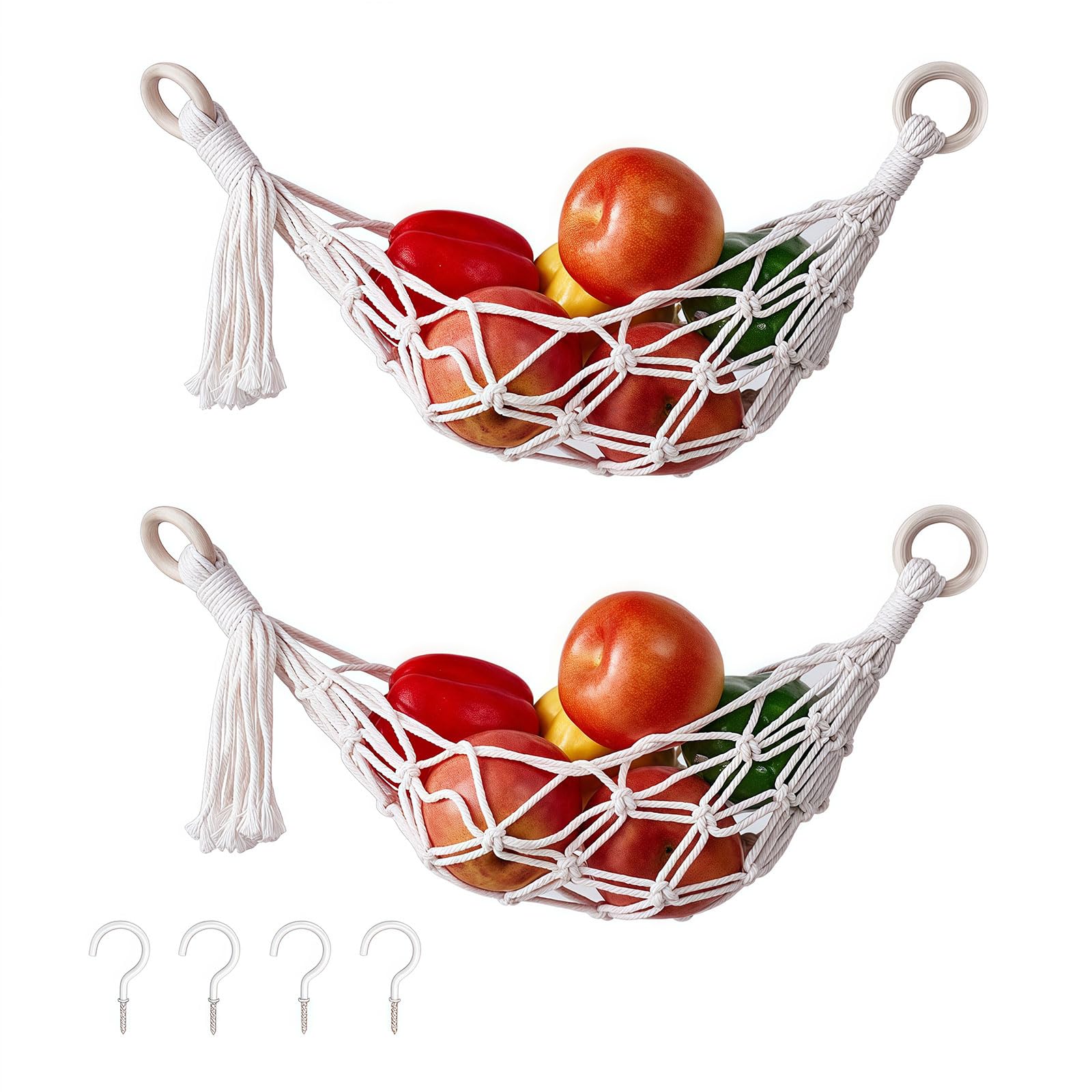 Domefahaso 2 Cotton Macrame Fruit Hammock Storage Nets White With 4 Hooks