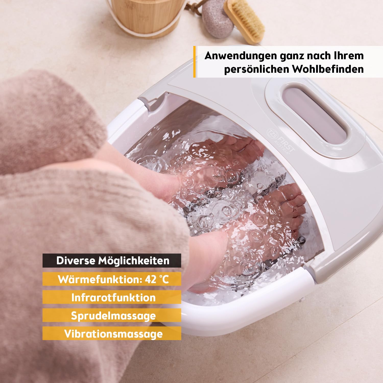 TZS First Austria - Fußsprudelbad 500W - Fußmassagegerät mit 3 Aufsätzen & 8 Massagerollen - Vibrations- & Luftblasenmassage, Infrarot- & Heizfunktion - Klappbar bis Größe 47 - Grau