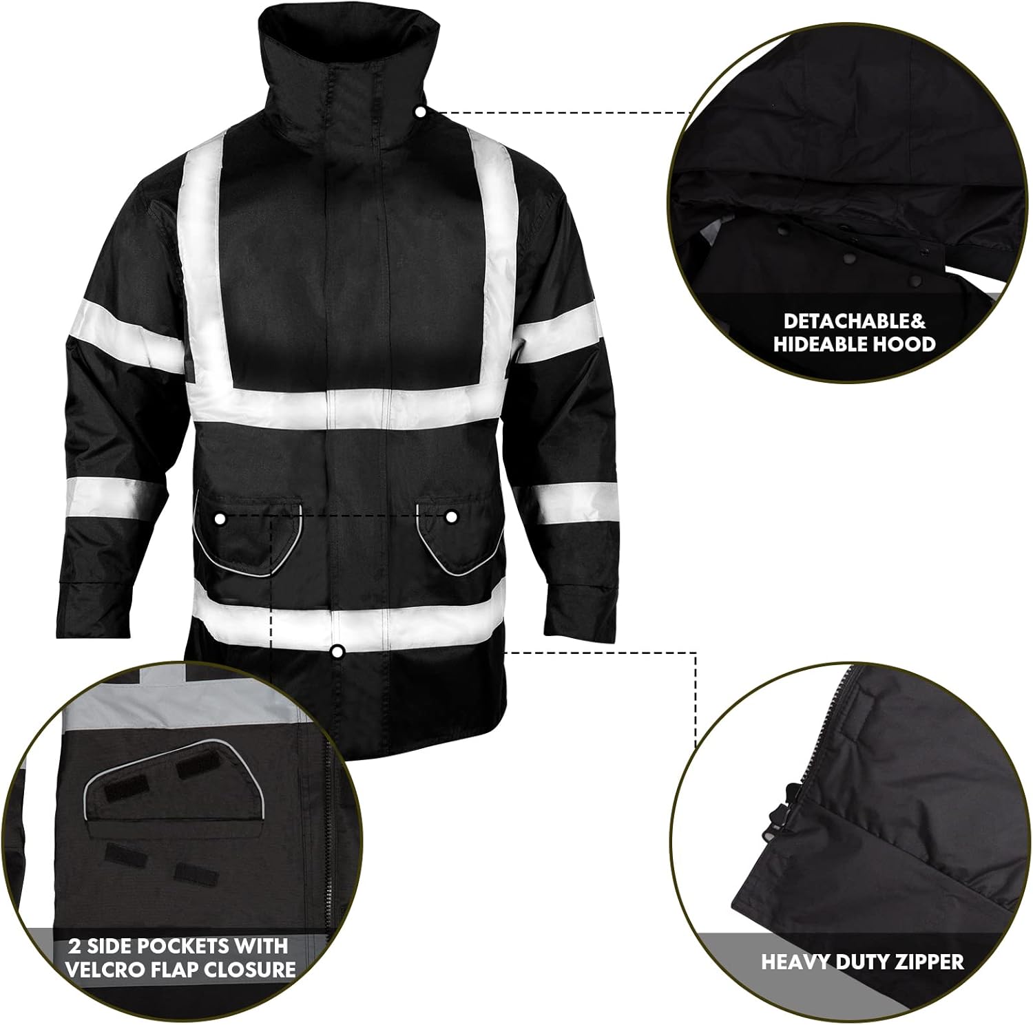 High Visibility Safety Jacket Bomber for Men Reflective with Pockets and Zipper ANSI Class 3 Work Long Winter Jacket（Black,L） - - 