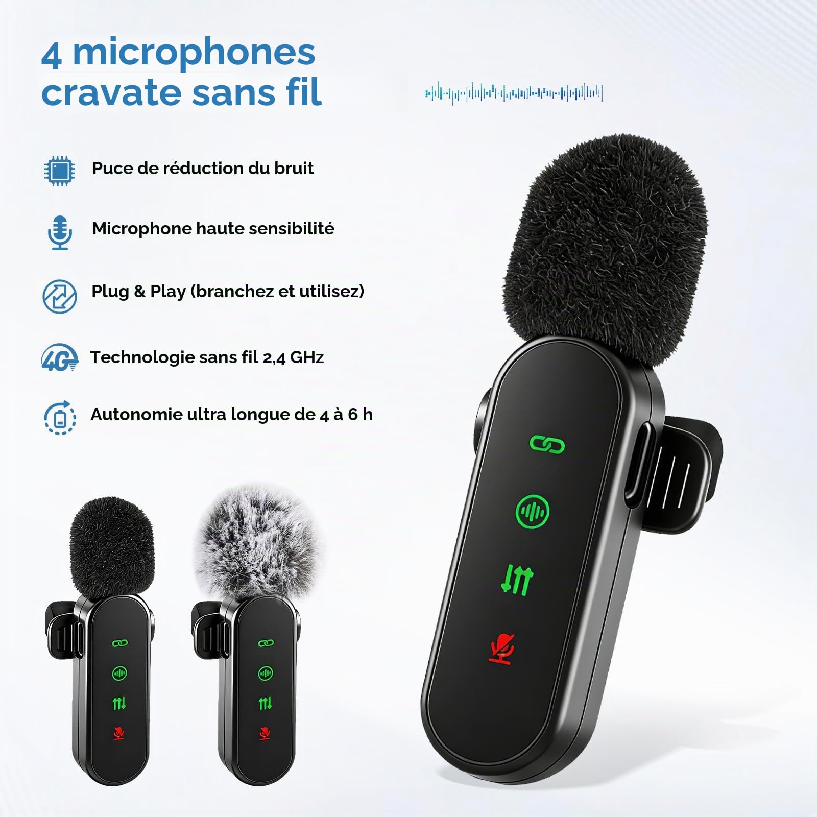 Lot de 4 microphones cravate sans fil avec écran LED, micro cravate à clipser, mini microphone avec réduction du bruit pour enregistrement vidéo, vlogging TikTok