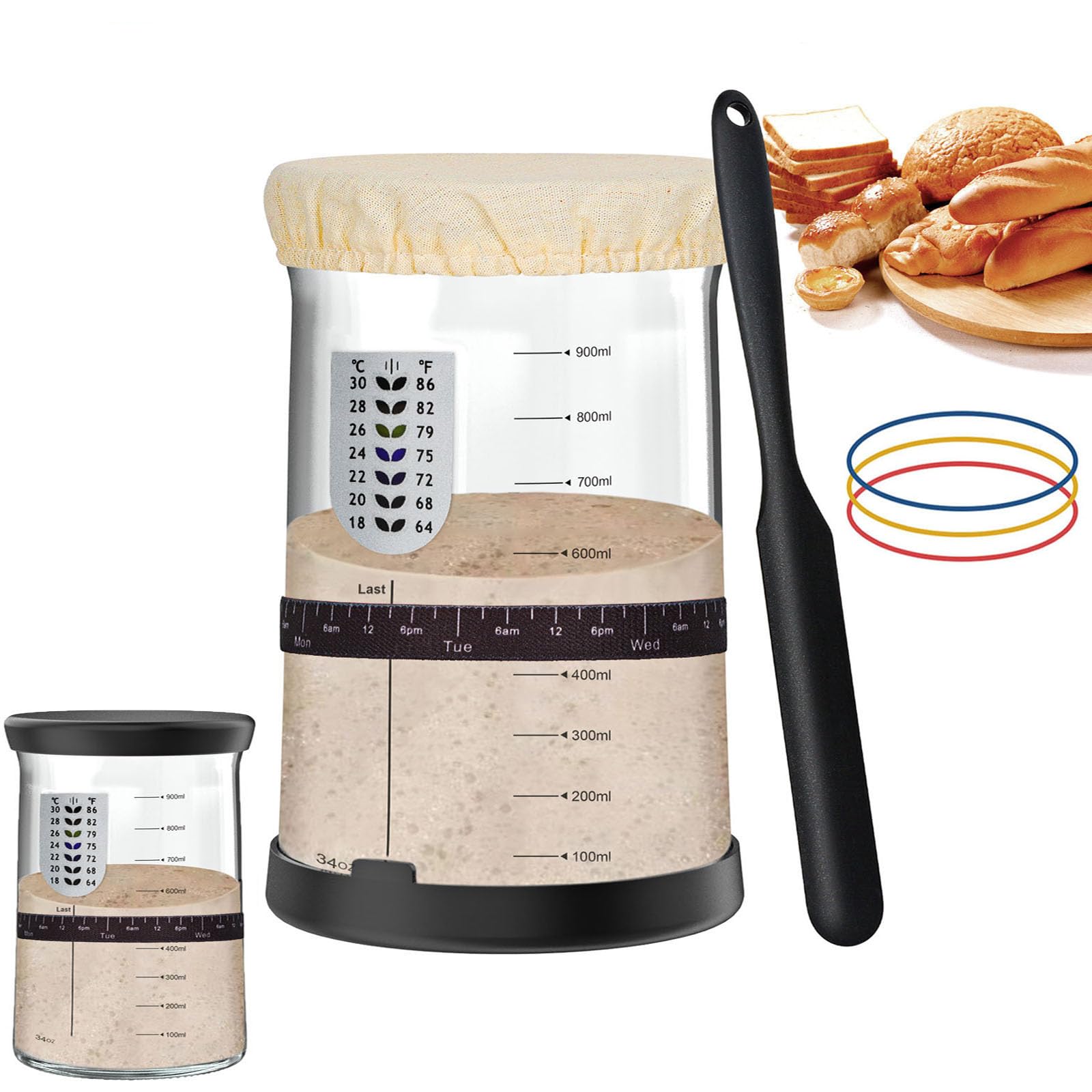 Barattolo per Lievito Madre, 1000ml Starter kit di lievito naturale Riutilizzabili, Contenitore per lievito madre, Kit Completo con Contenitore e Termometro per Panificazione Casa