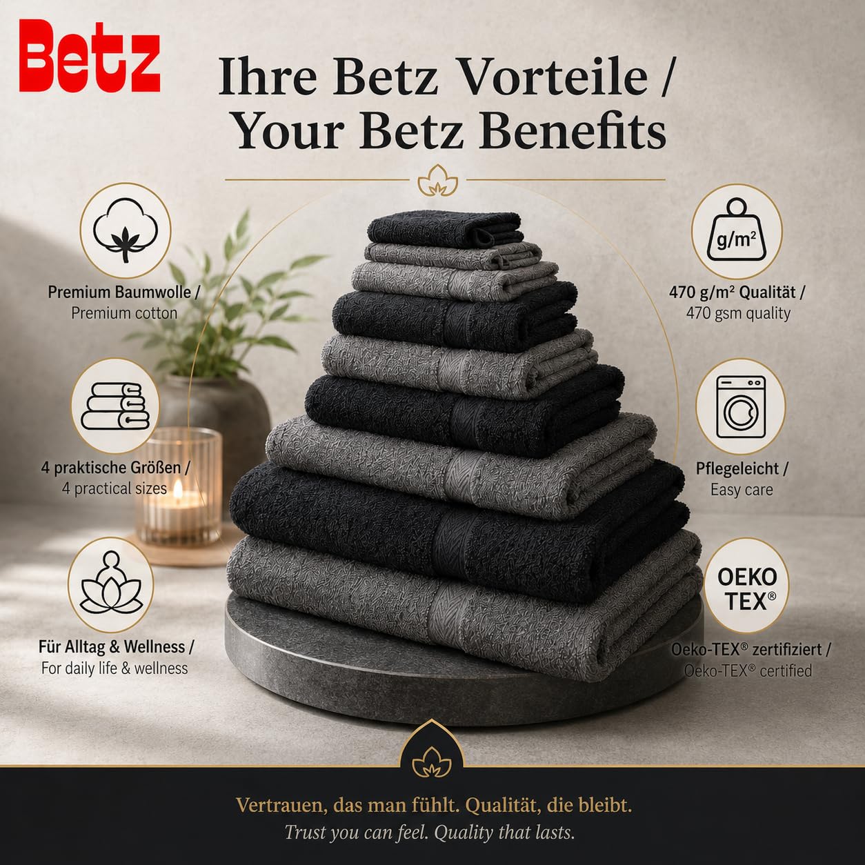 Betz 10-częściowy zestaw ręczników premium 100% bawełna 2 ręczniki pod prysznic 4 ręczniki do rąk 2 ręczniki dla gości 2 rękawice do mycia kolor antracytowy szary i czarny