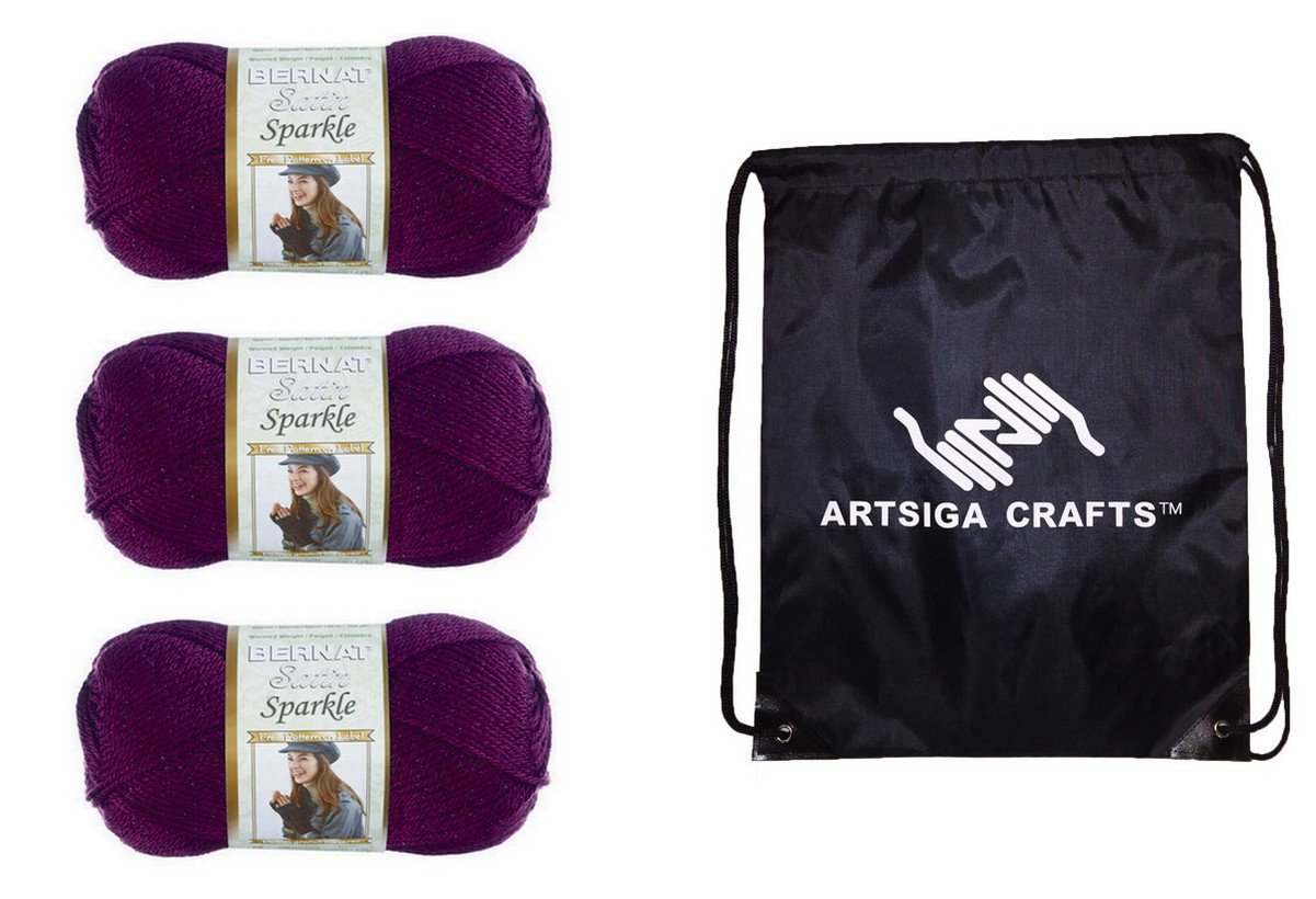 Bernat Knitting Yarn Satin Sparkle Amethyst 3-Skein Factory Pack (Same Dyelot) 164153-53307 Bundle with 1 Artsiga Crafts Project Bag