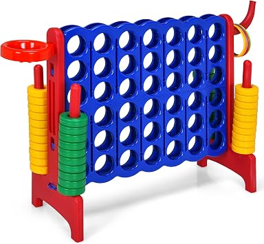 GYMAX Giant 4 in a Row Game, Jumbo Connect 4 Garden Games with 42 Rings, Basketball Hoop, Ring Game & Quick-Release Slider, Outdoor Four in a Row Toys for Kids Adults Family Red