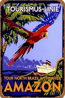 Tin Sign Brazil Amazon River Oceanliner Vintage Parrot Travel Print Advertisement Print Retro Wall Metal Poster 12X16Inch