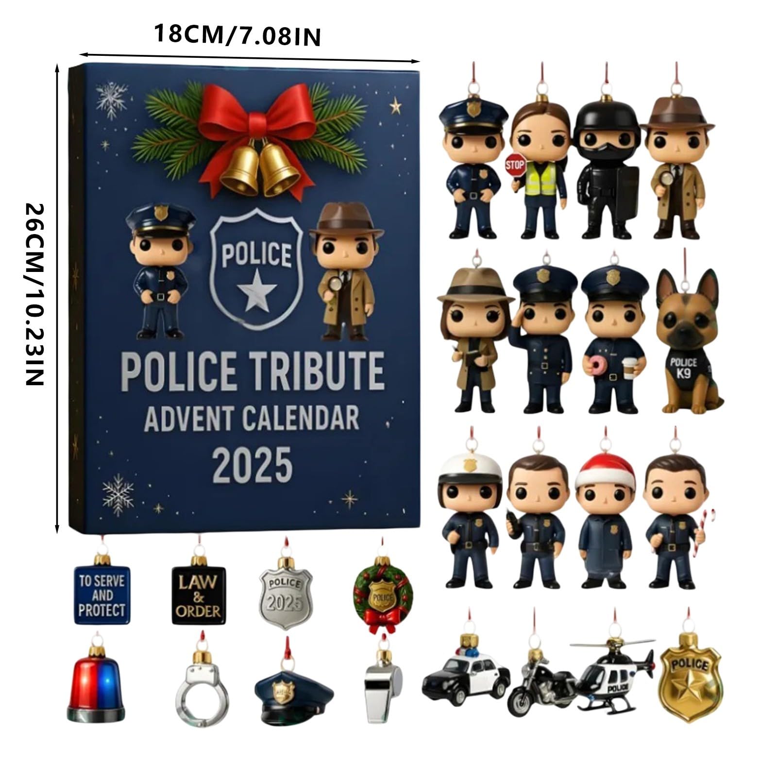 Calendario de Adviento de homenaje a la policía 2025, calendario de cuenta regresiva de Navidad de 24 días con 24 decoraciones temáticas de policía, acrílico 2D, regalo único para oficiales