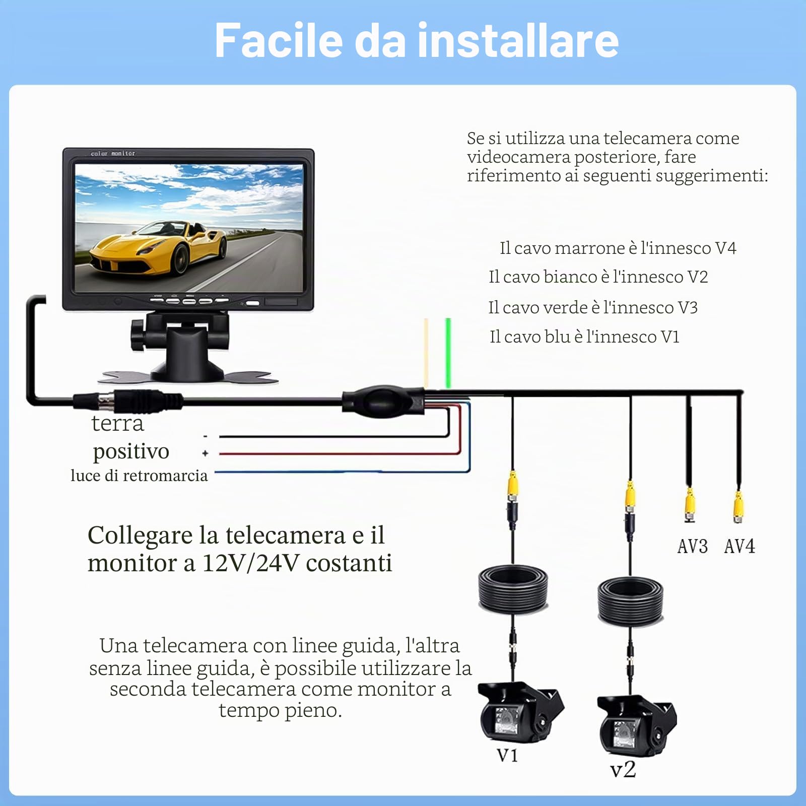 CAMECHO Sistema Doppio Telecamera Posteriore Impermeabile Visione Notturna Fotocamera di Backup Anteriore + 7 '' 4-Split Monitor + 33ft cavo 12V 24V per auto rimorchio camper bus