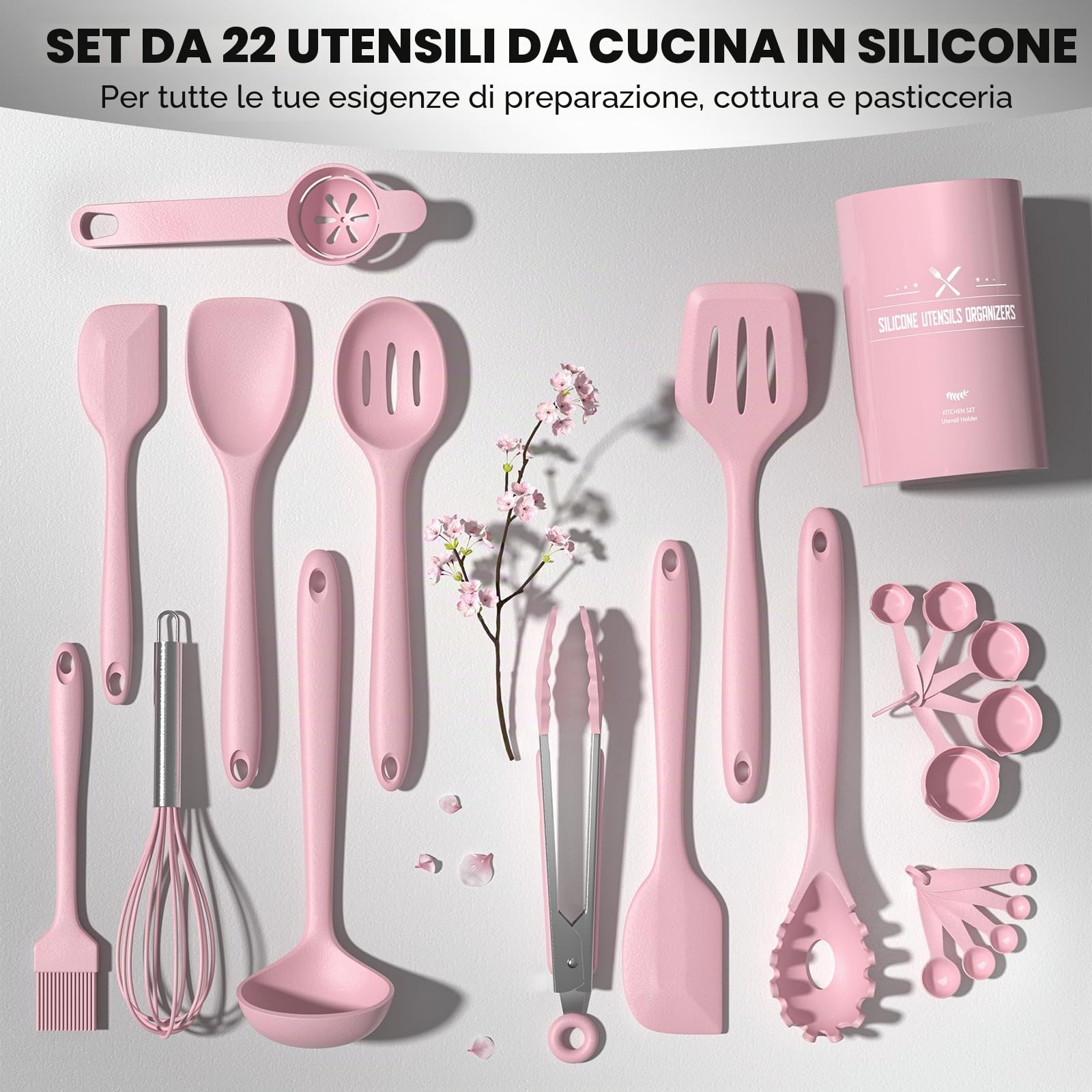 Umite Chef Set di 22 utensili da cucina in silicone, resistenti al calore e lavabili in lavastoviglie, set di spatole antigraffio per pentole antiaderenti (rosa)
