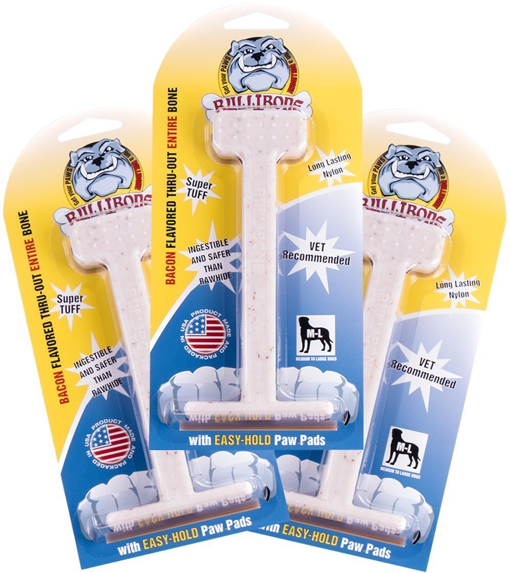 Bullibone Nylon Dog Chew Toy Nylon Bone - Improves Dental Hygiene, Easy to Grip Bottom, and Permeated with Flavor (Bacon, Large - 3 Pack)