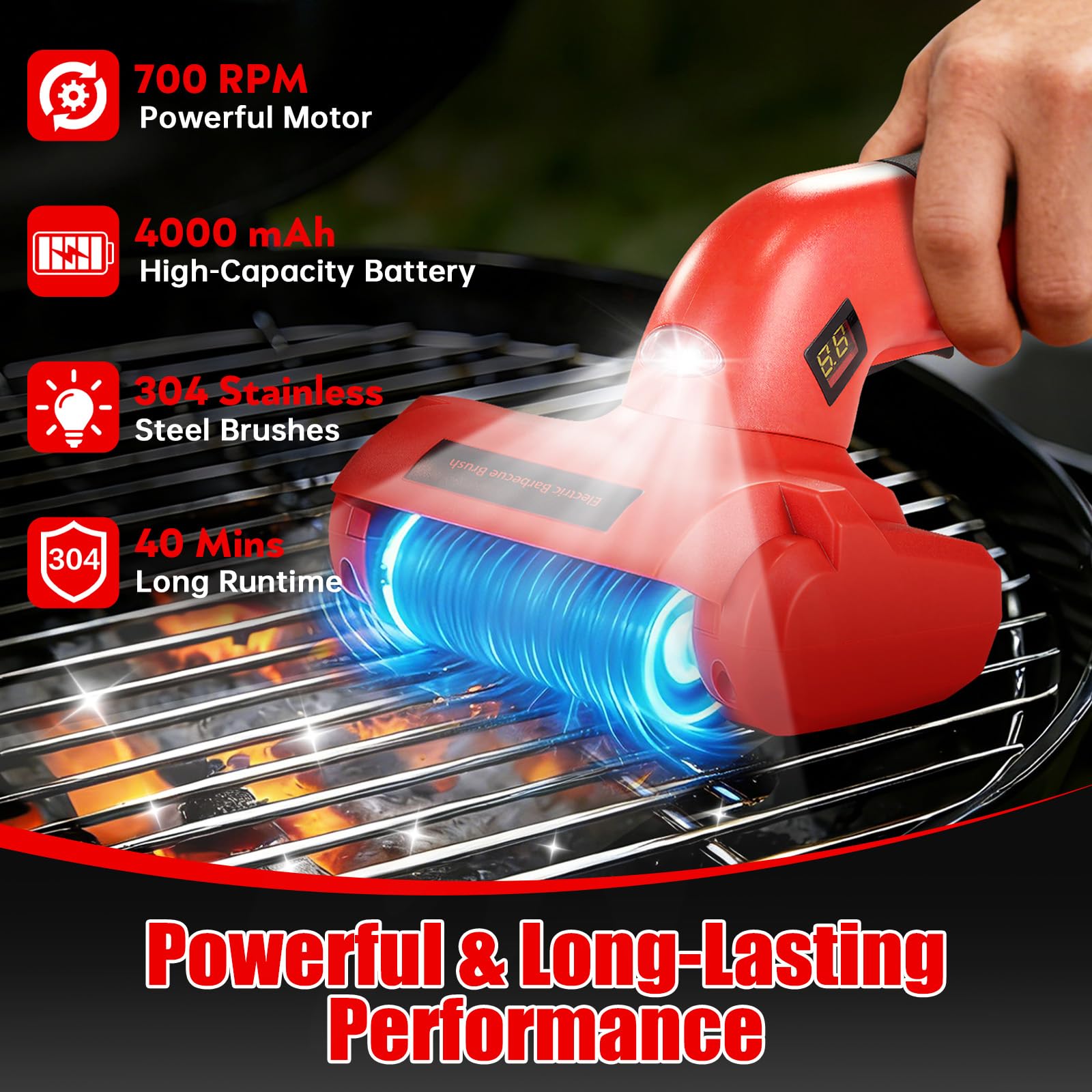 Spazzola elettrica per barbecue, pulitore BBQ motorizzato ricaricabile, setole in acciaio inox 700-800 giri/min, testa rimovibile 304, illuminazione LED, per griglie in ghisa e uso esterno - 4