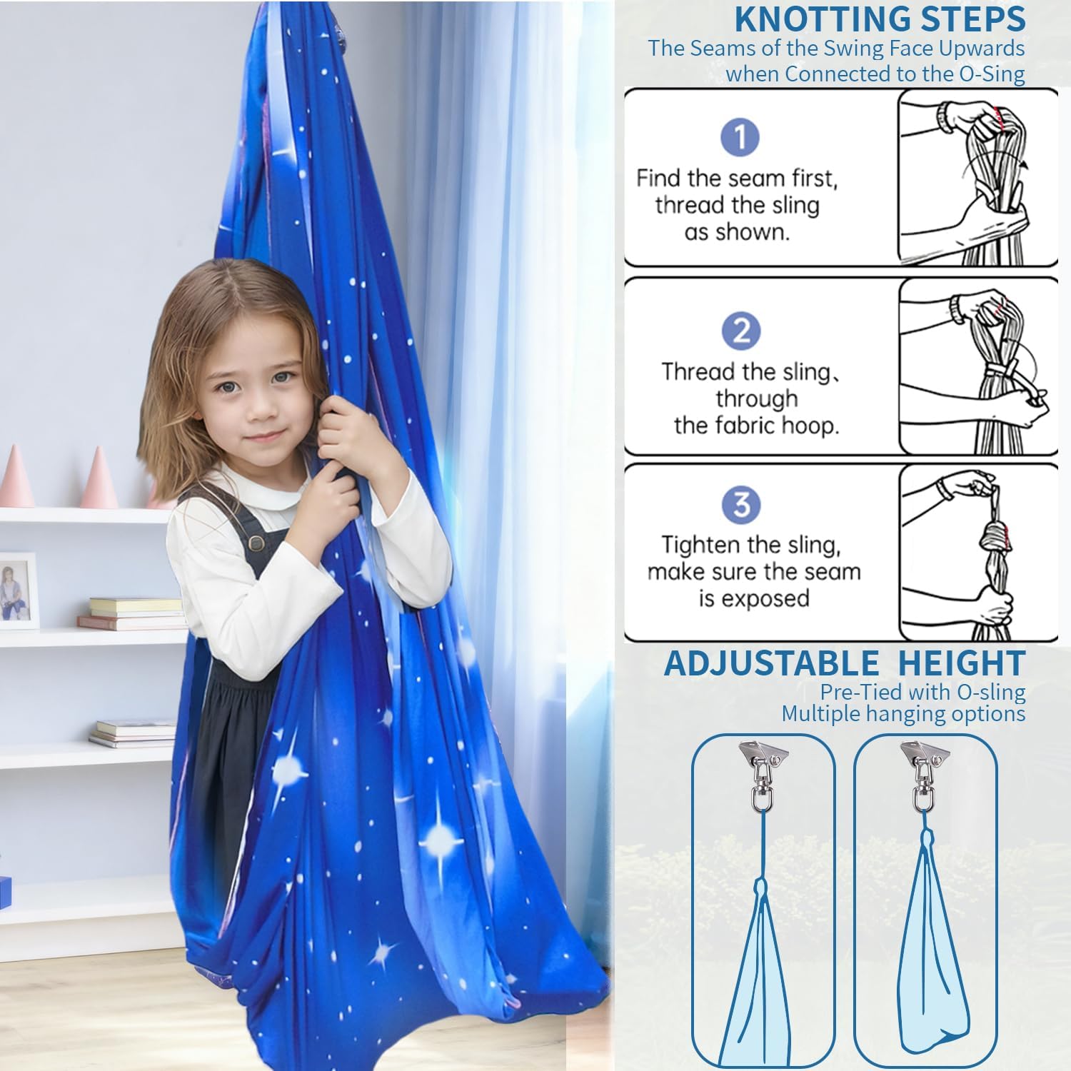 Sensory Swing for Kids & Adults with 360° Swivel Hanger Kit, Double Layer Elastic Therapy Swing Holds up to 300lbs for Autism, ADHD,Aspergers, and SPD (Blue Sky Star)