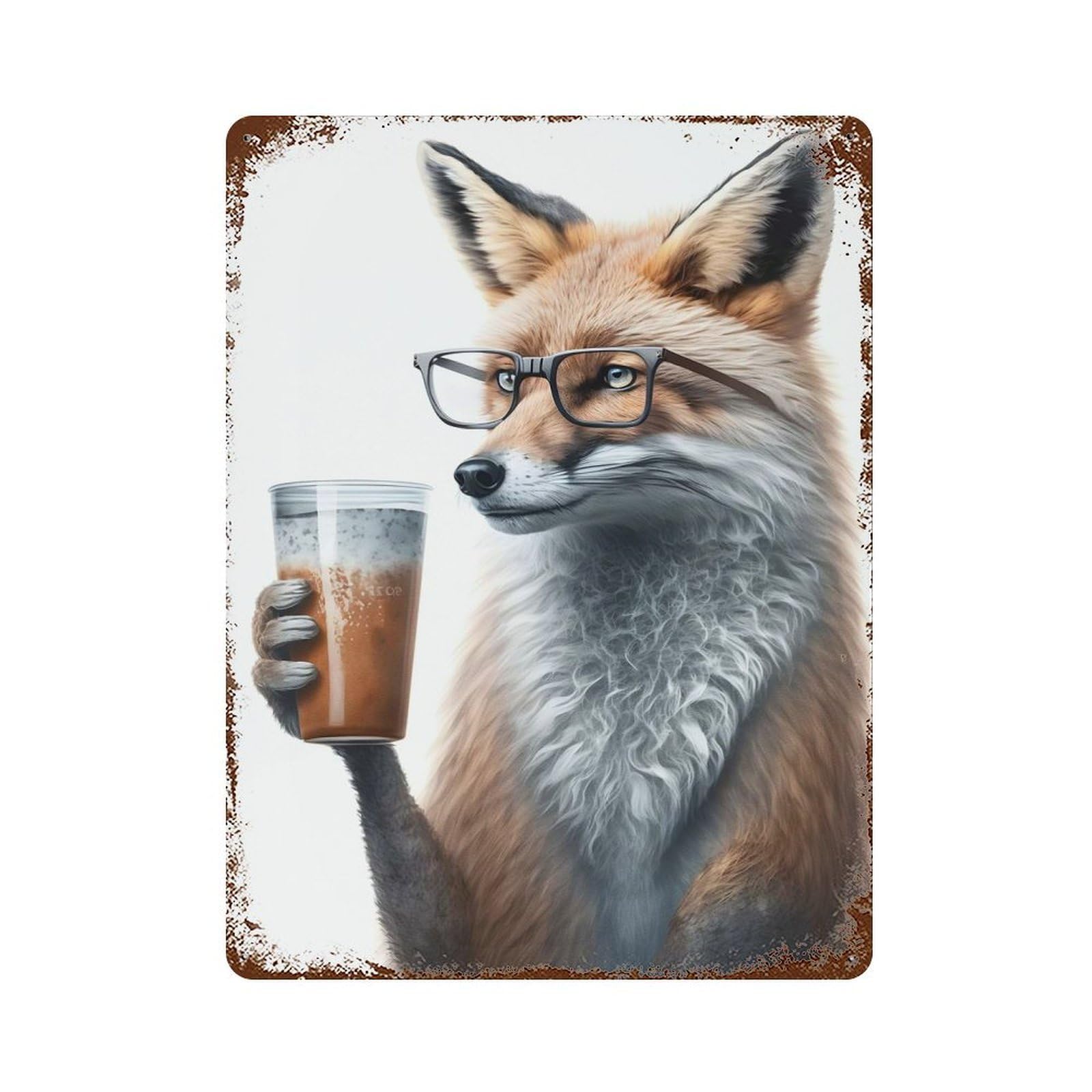 Fox Drinked Espresso Rust Effect Tin Sign 15.7"x11.8", Retro Wall Decor for Pub, Kitchen And Man Cave Decor