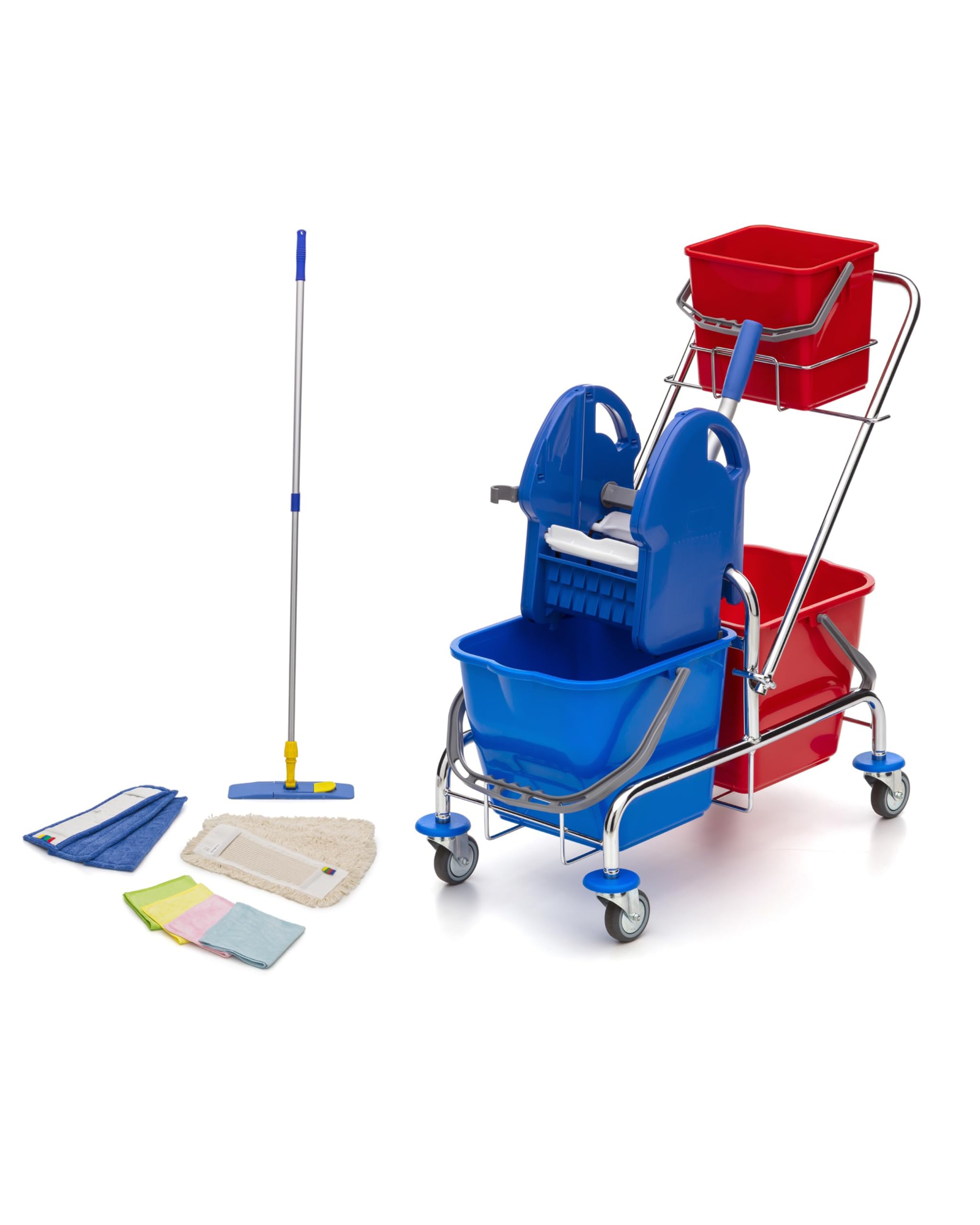 Wisch-Star Wischmopp Set mit Eimer, Chrom-Rollwagen, 40 cm, 13-teilig | Bodenwischer Set aus Chrom, 3-Eimer-System mit Presse, 6 Mopps und 4 Tücher, Teleskopstiel 70–140 cm, Maße 72x42x89 cm