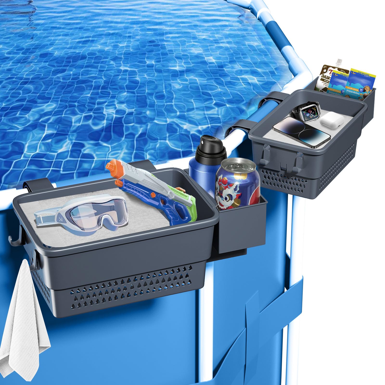 Above Ground Poolside Storage Basket: 2PCS Pool Basket Pool Storage Basket with Pool Cup Holder, Swimming Pool Hanging Toy Basket (Grey)