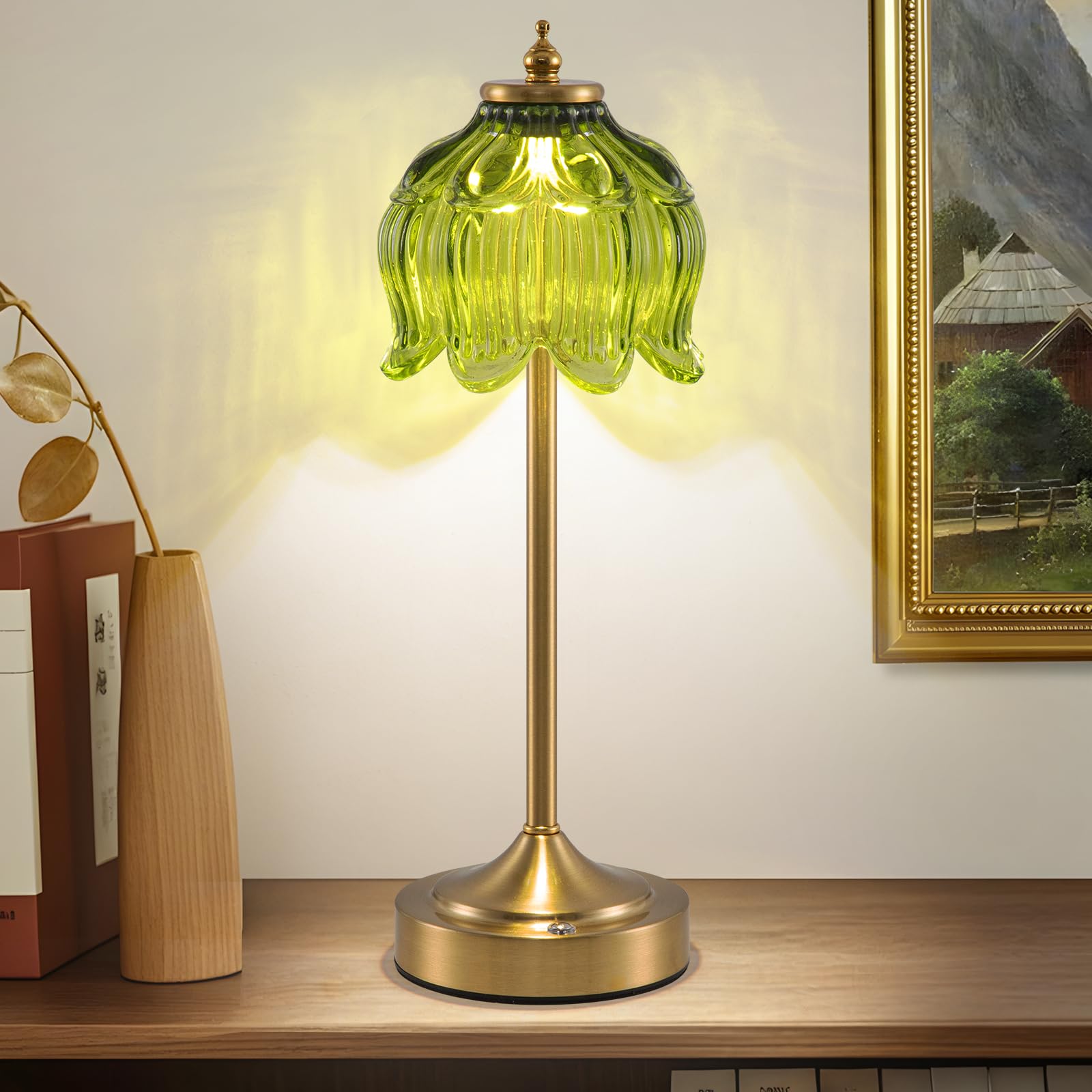 EIDEARAY Rechargeable Table Lamp, Battery Operated Table Lamp Green Glass Lamps, Cordless LED Lamp with Dimmable Brightness, Decorative Touch Lamps for Living Room โ image 1