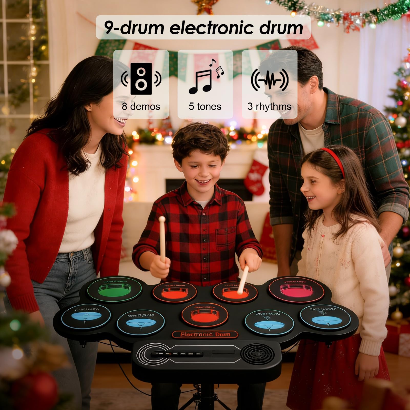 9 Elektronische Trommeln, Elektronische Regaltrommel für Anfänger, klappbare, tragbare, Elektronische Schlagzeuge für Anfänger, Elektronische Trommeln mit 2 Fußpedalen und Schlagfängern