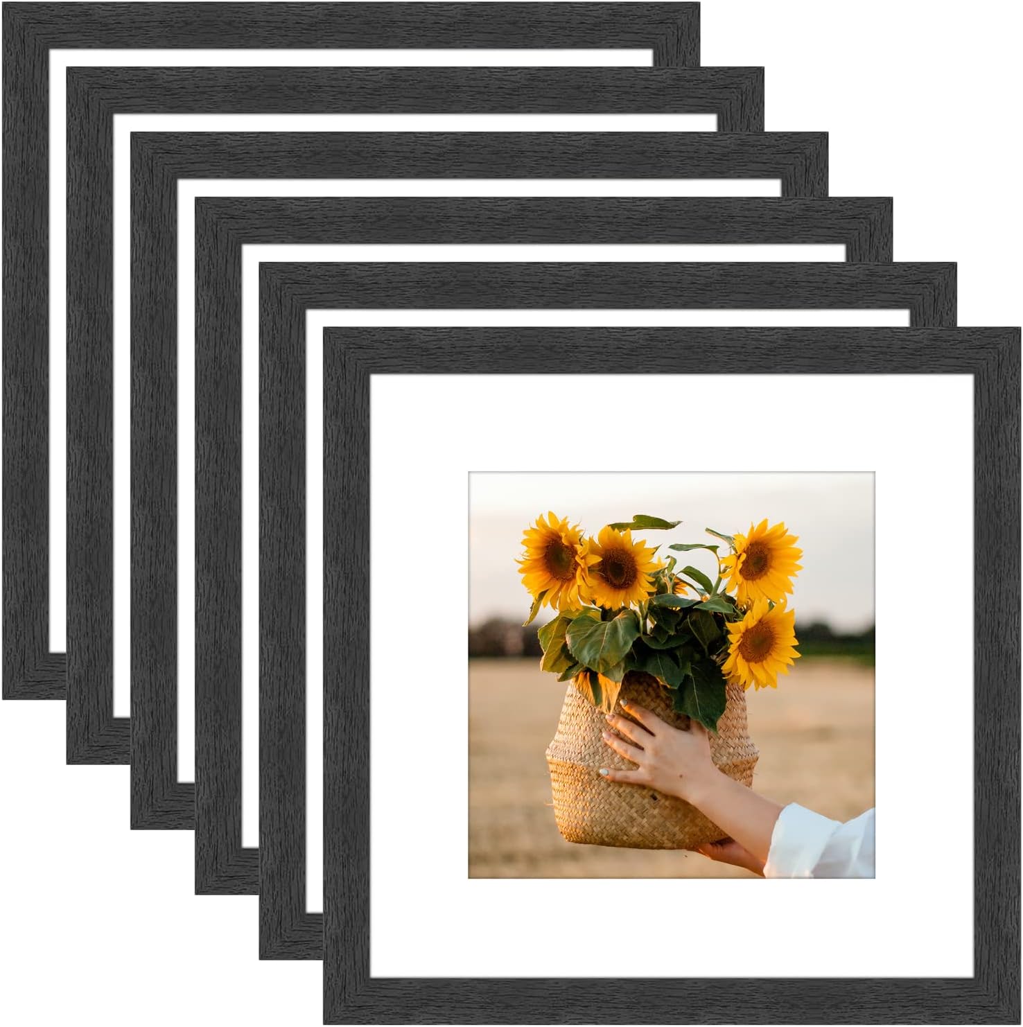 8x8 Picture Frame Rustic Black Wood Set of 6,Display Pictures 5x5 with Mat or 8x8 Without Mat,Multi Photo Frames Collage for Wall or Tabletop Display