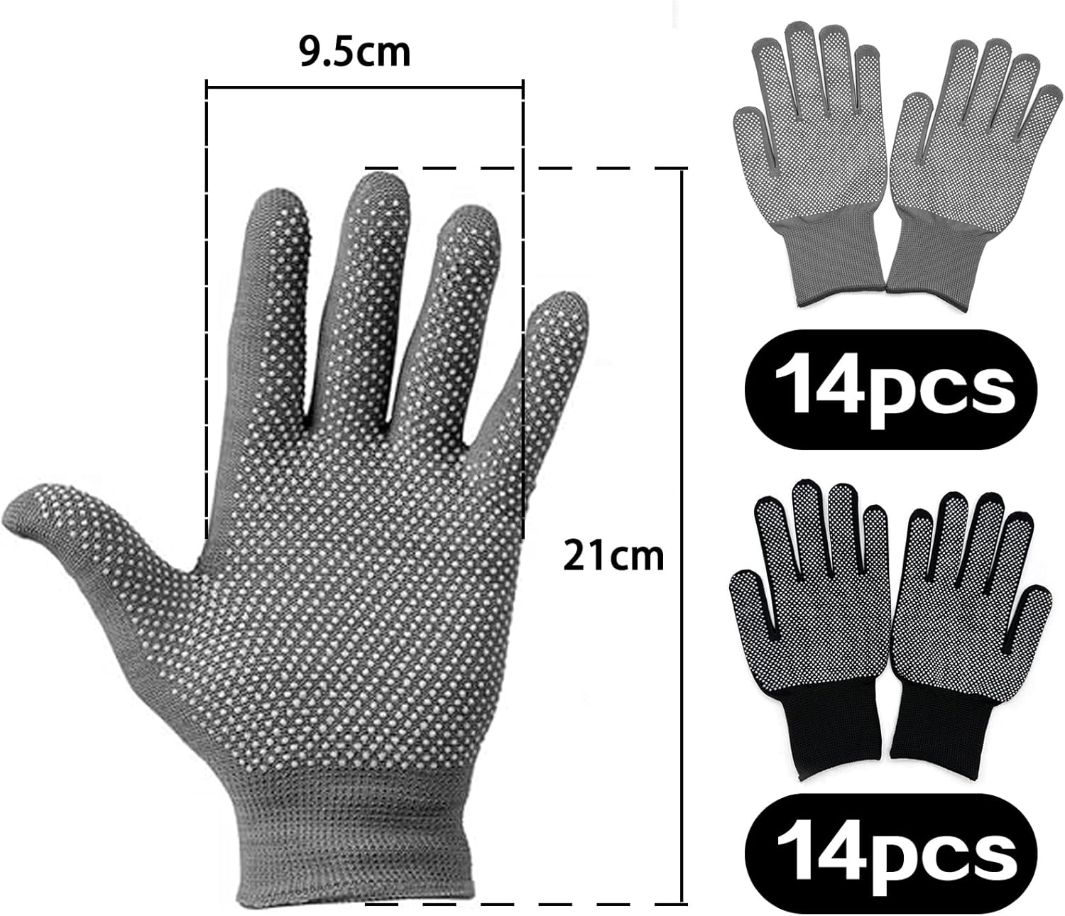 14 Pair Work Gloves With Anti-slip Grip Liners, Knitted Nylon Dot Grip Safety Gloves for Men & Women - Black/Grey - Image 2