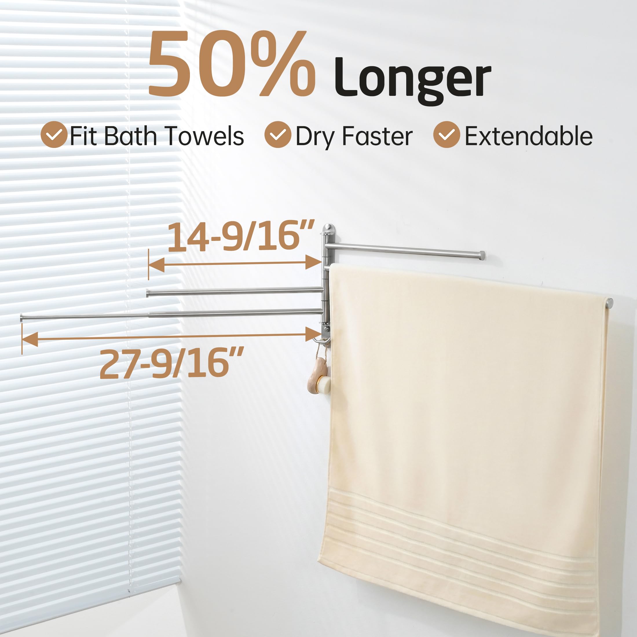 KES Toallero giratorio ajustable de 14.5 a 27.5 pulgadas, 4 brazos, barra de toalla oscilante para baño, toallero oscilante para toallas de baño, acabado cepillado de acero inoxidable 18/8, A2107S4L70