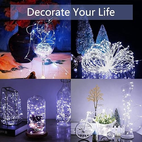 Miniatura 2 de buways Luces de hadas, paquete de 2 unidades, funciona con pilas, impermeable, blanco frío, 50 luces LED, alambre plateado de 16.4 pies con control