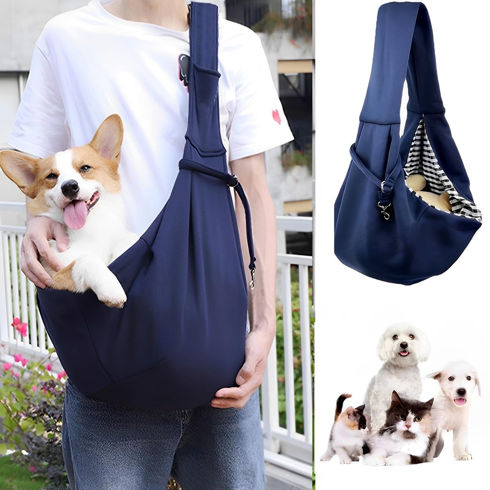 Dog Sling, Puppy Carrier, Dog Carry Bag, Puppy Sling, Puppy Sling Carrier Small Dog, Reversible Carrier and Hand - Free Pet Sling Carrier Walking Outdoor Travel, for Cats, Dogs (Dark Blue) - Image 4